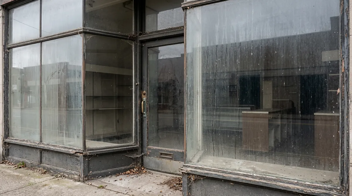 Before: Streaky Storefront Glass | Music City Cleaner Before: A storefront with dirty, streaky, spotted glass windows and dusty frames, overcast light