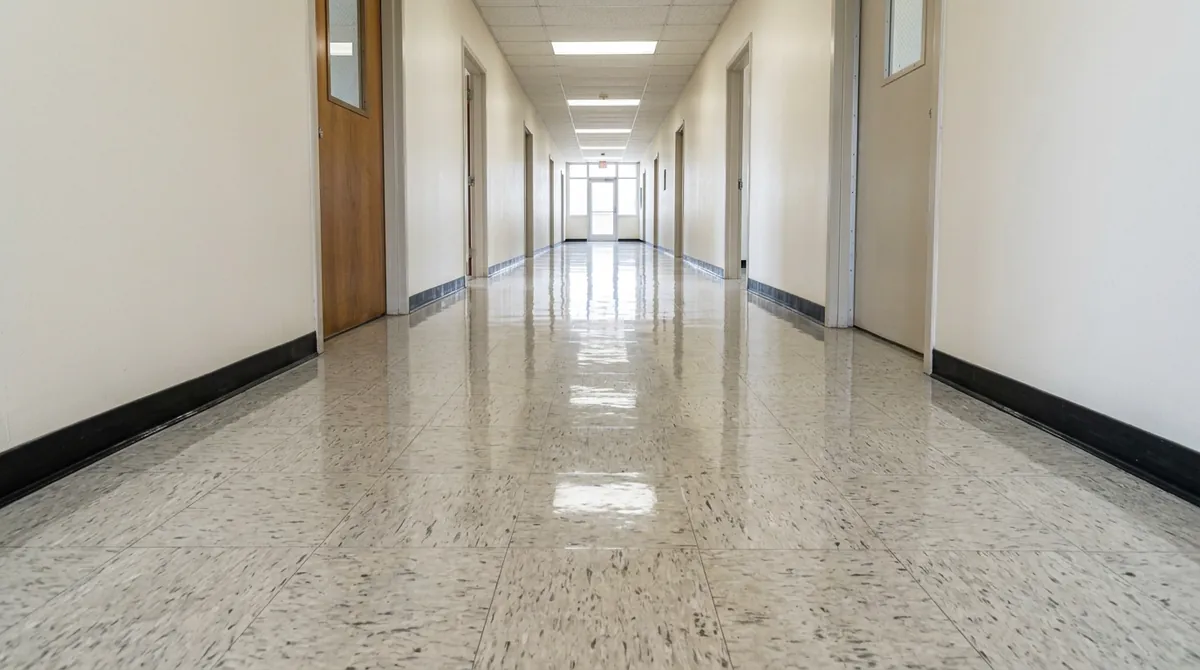 After: Glossy Polished Floor | Music City Cleaner After: The same hallway and floor, now glossy and polished with a bright clean reflection, same angle and same light