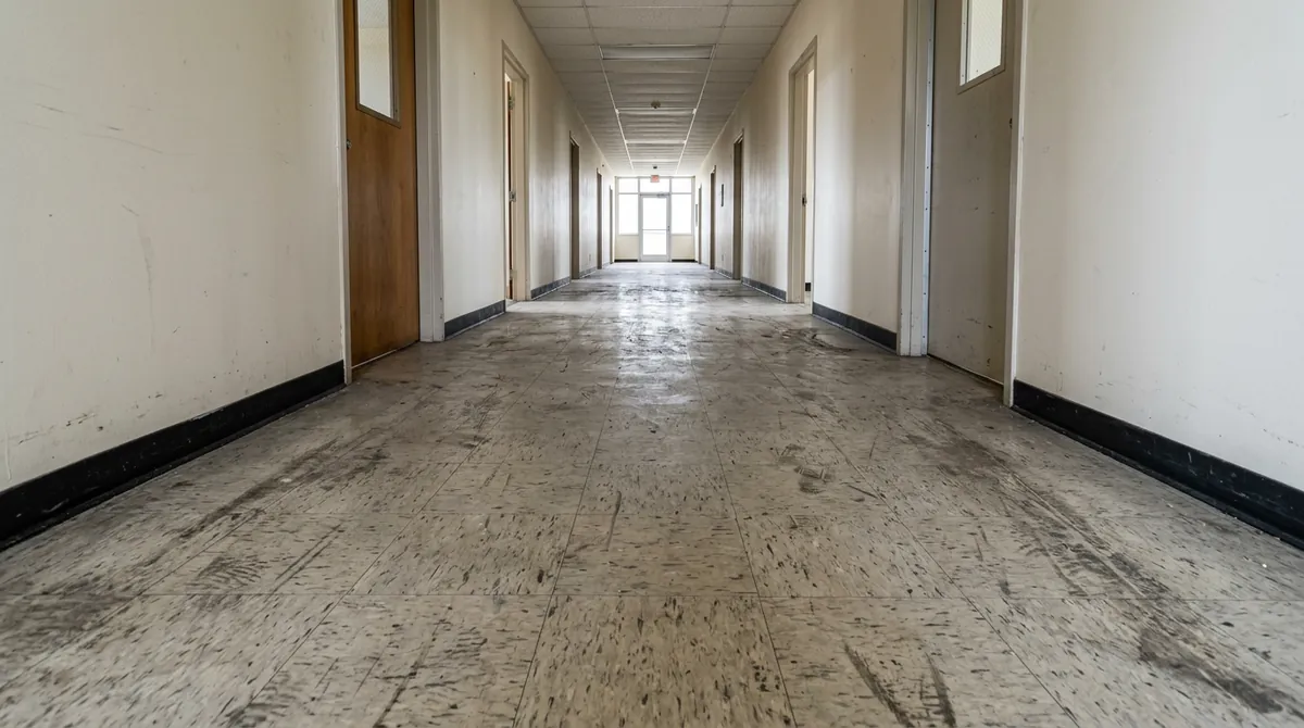 Before: Dull Scuffed Floor | Music City Cleaner Before: A dull scratched commercial hallway floor covered in scuffs and dirty marks with no shine