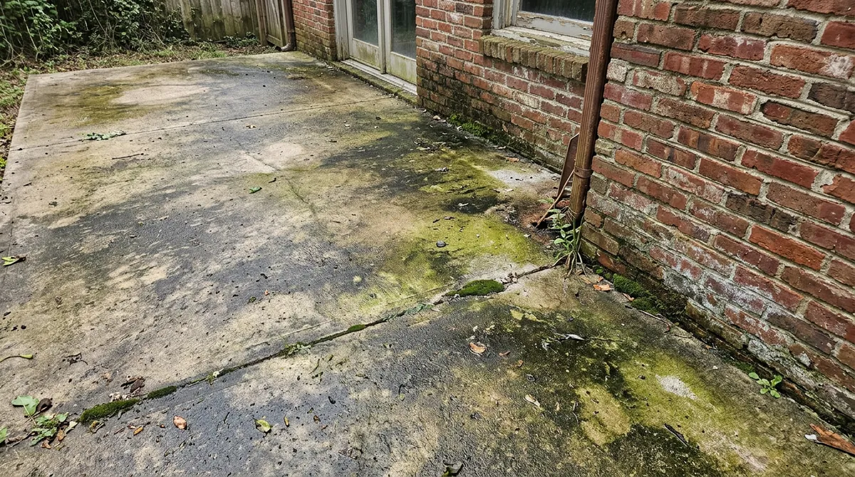 Before: Green-Stained Patio | Music City Cleaner Before: A grimy concrete patio stained green with mildew and dirt beside a brick wall