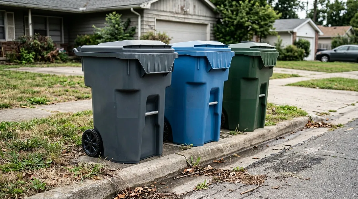 After: Sanitized and Clean | Music City Cleaner After: The same row of bins at the same curb, now washed and gleaming clean, same angle and same light