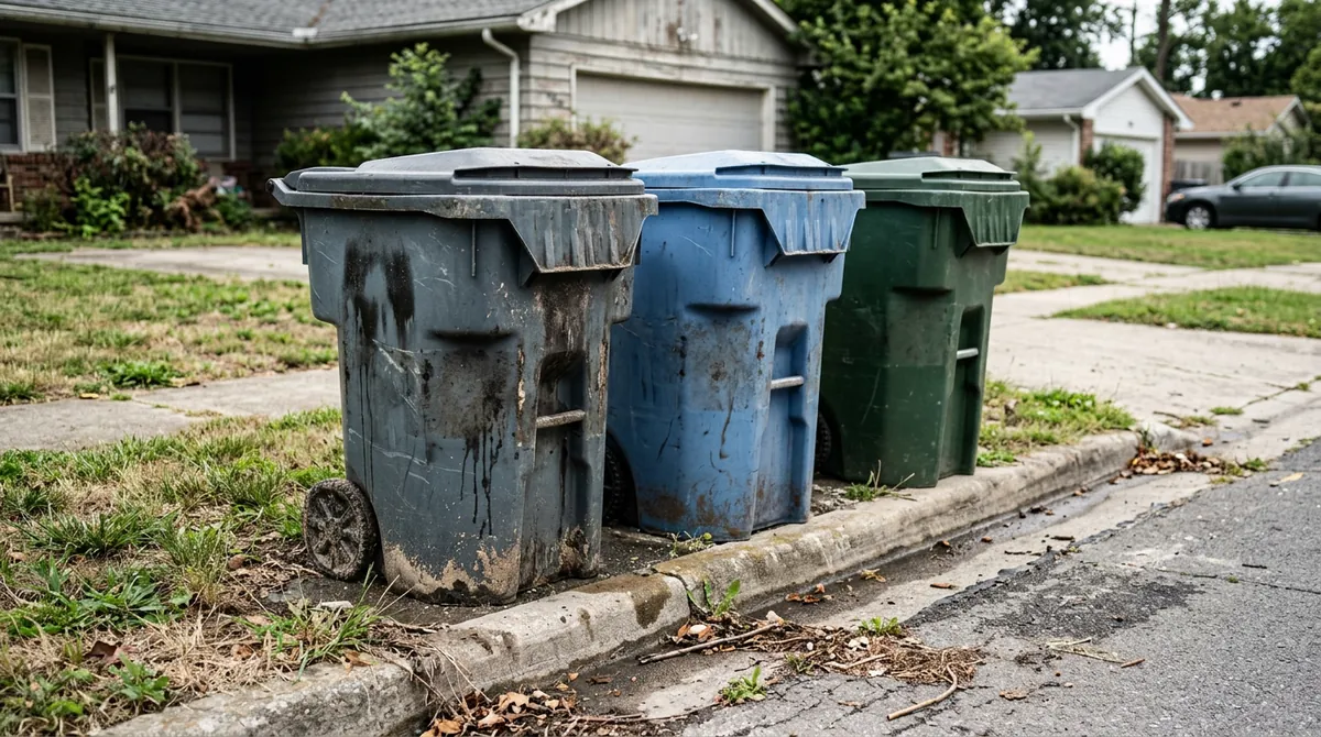 Before: Grimy Trash Bins | Music City Cleaner Before: A row of dirty grimy rolling trash bins with stains and residue at the curb of a house
