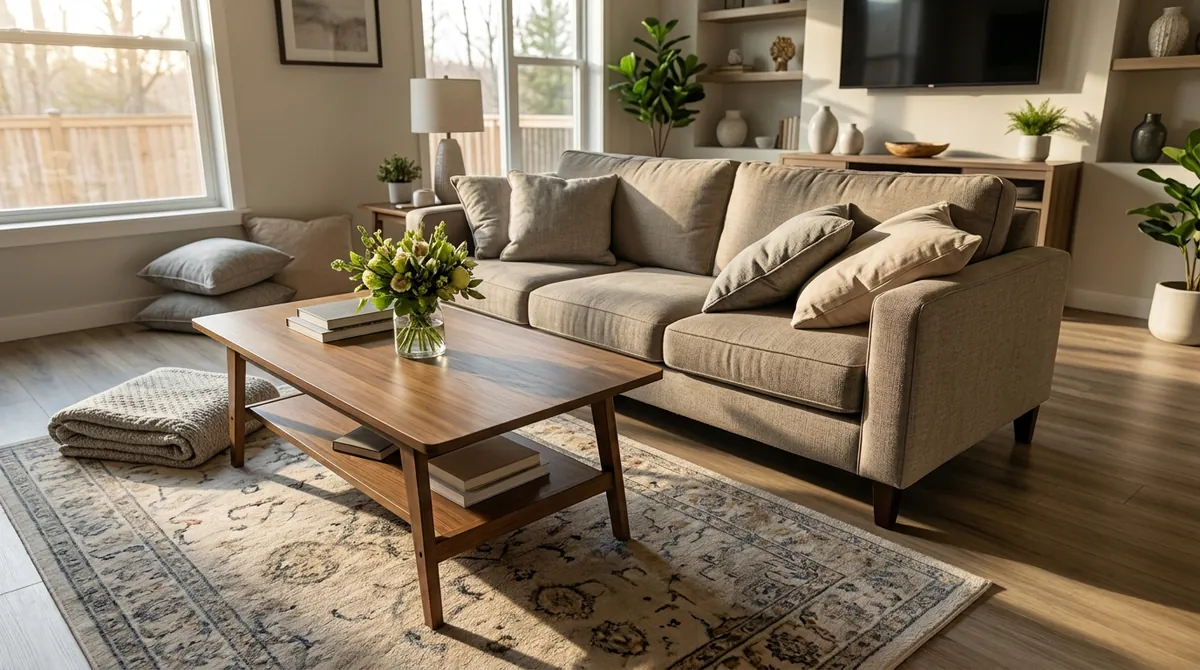 After: Guest-Ready Staging | Music City Cleaner After: The same living room, sofa, rug and coffee table, now perfectly clean and staged: cushions plumped, blanket folded, a fresh flower vase on a clear coffee table, spotless rug, same angle and same light