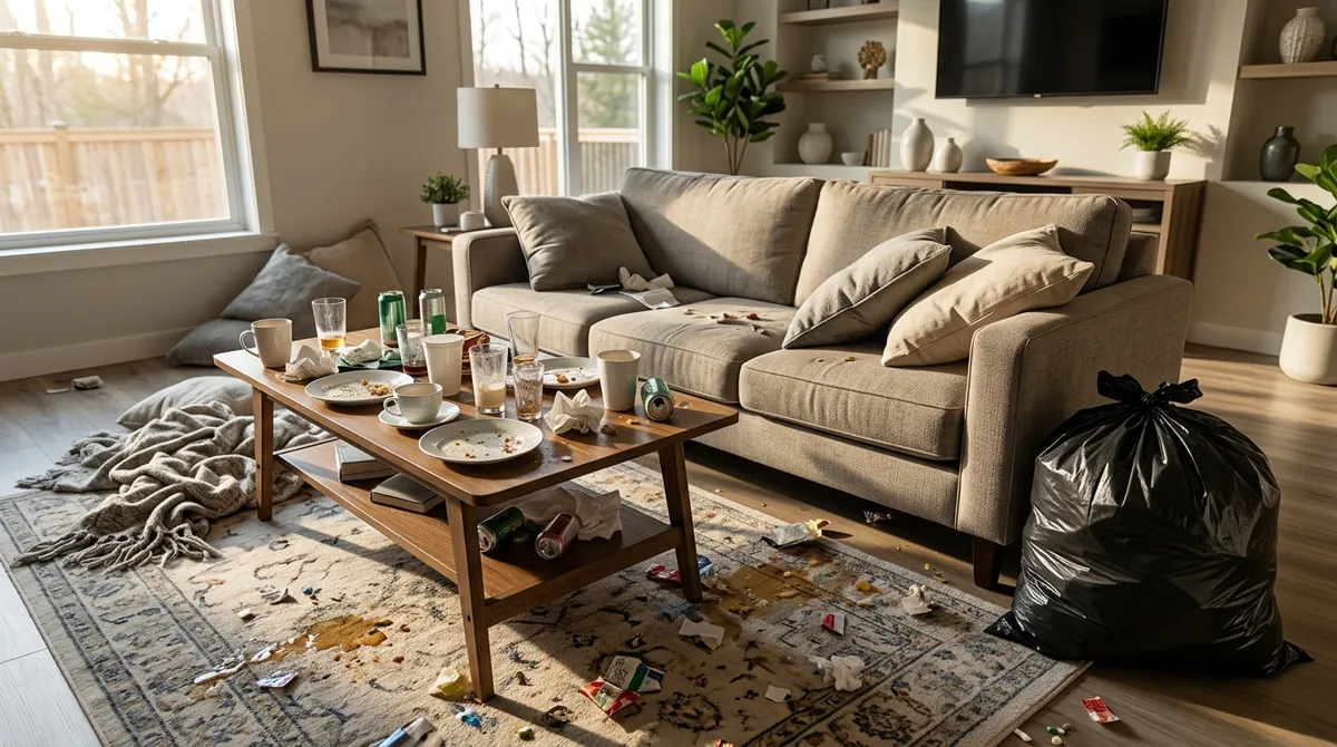 Before: Guest-Trashed Living Room | Music City Cleaner Before: A short-term rental living room after a rowdy stay: cups and plates left on the coffee table, a crumpled throw blanket on the floor, cushions tossed, stains on the rug and a full trash bag by the sofa, afternoon light