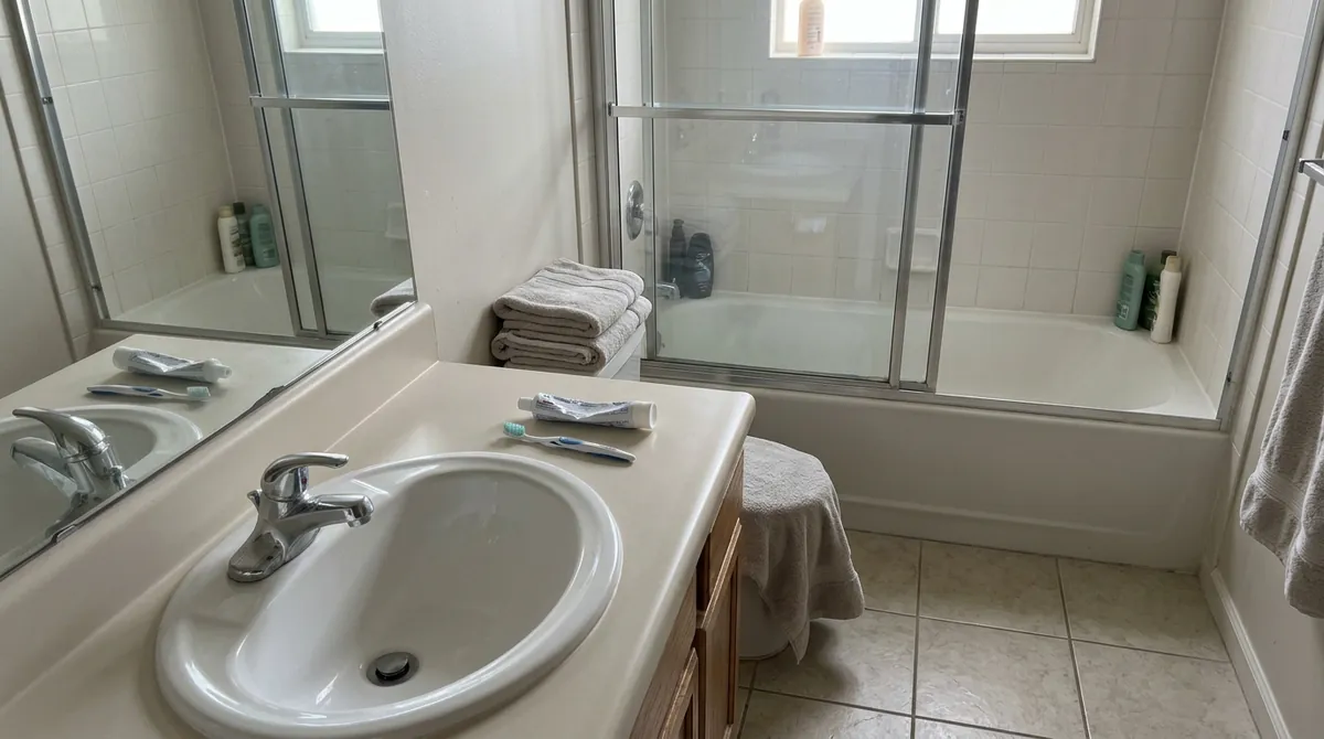 After: Sparkling Guest Bathroom | Music City Cleaner After: The same bathroom, sink, tub and shower door, now gleaming with clear glass, a spotless mirror, a clean sink and folded fresh towels on the shelf, same angle and same light