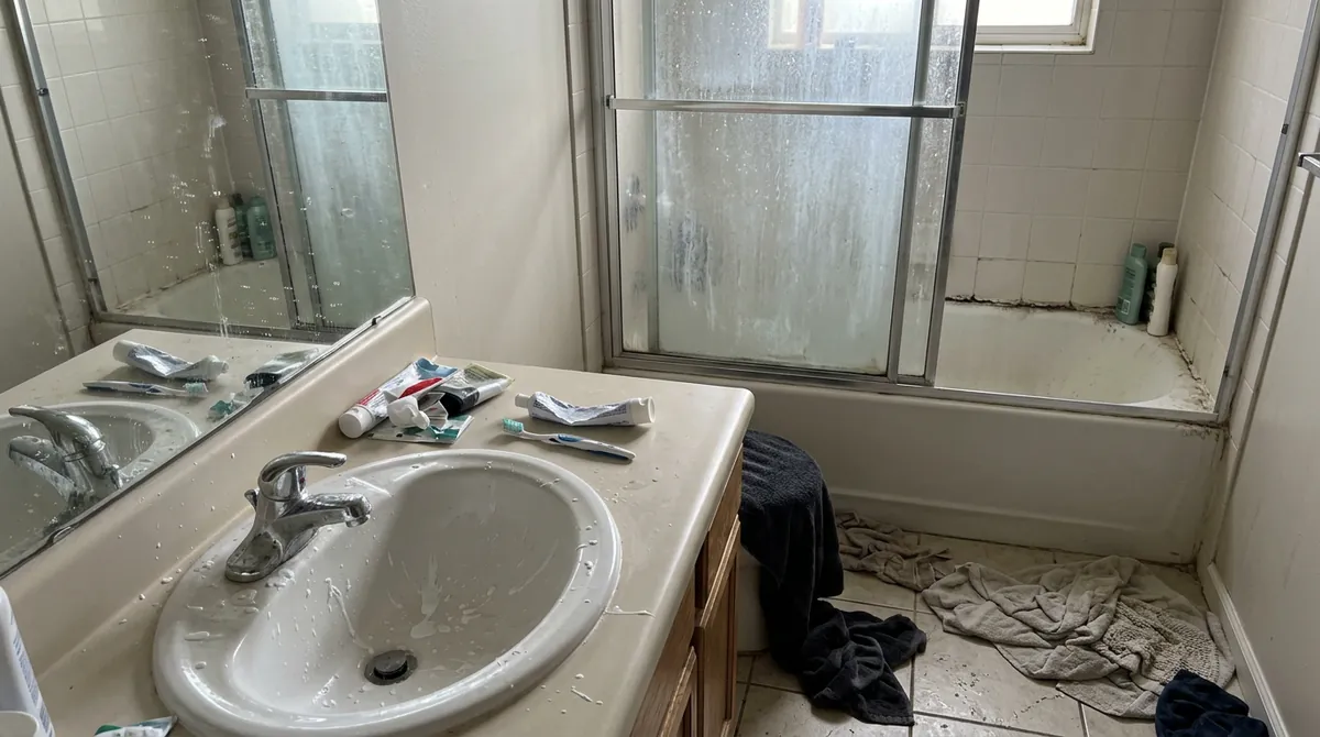 Before: Grimy Rental Bathroom | Music City Cleaner Before: A short-term rental bathroom with soap scum on the glass shower door, toothpaste splatter on the sink, damp towels thrown on the floor, a cloudy mirror and a grimy tub