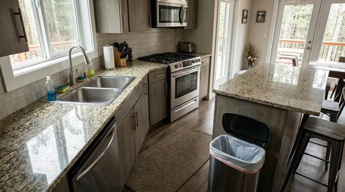 After: Spotless Kitchen | Music City Cleaner After: The same kitchen, counters, stove and sink, now completely clean: empty sink, wiped counters, shining stovetop and an empty trash can, same angle and same light