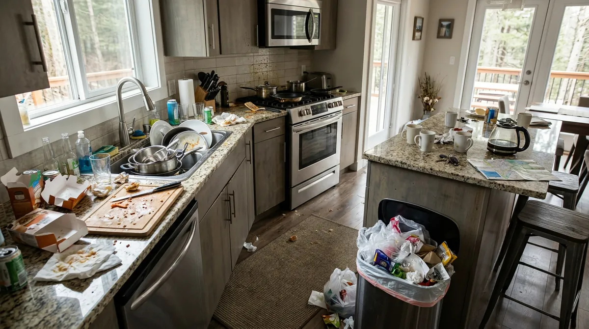 Before: Messy Vacation Rental Kitchen | Music City Cleaner Before: A vacation rental kitchen left messy: dirty dishes piled in the sink, crumbs and spills on the counters, a greasy stovetop and an overflowing trash can