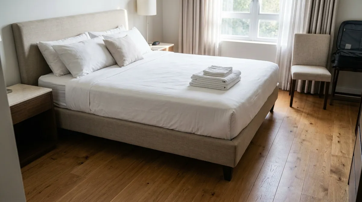 After: Fresh Hotel-Style Linens | Music City Cleaner After: The same bedroom and bed, now made up with crisp white linens, plump pillows and neatly folded towels at the foot of the bed, same angle and same light