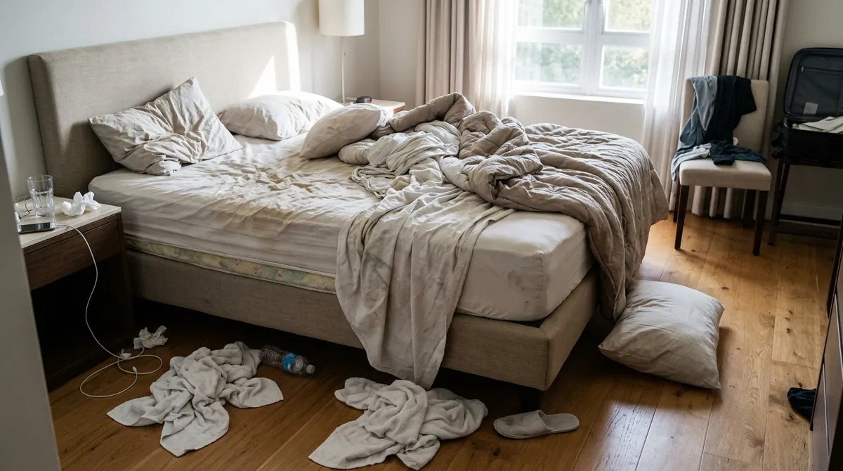 Before: Rumpled Bed | Music City Cleaner Before: A guest bedroom with a rumpled bed, tossed pillows, stained sheets half off the mattress and towels thrown on the floor, morning light