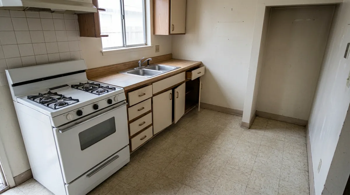 After: Move-In Ready | Music City Cleaner After: The same empty kitchen, stove, cabinets, sink and floor, now spotless and shining, same angle and same light