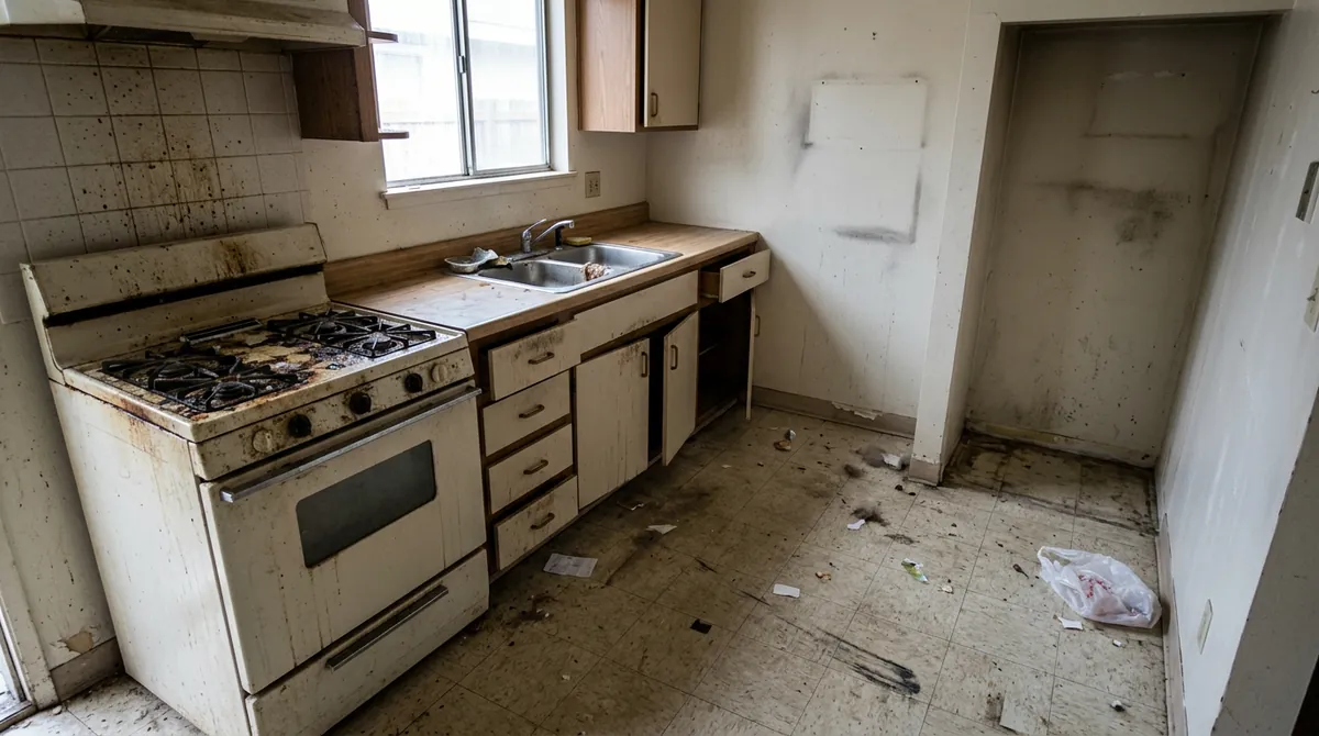 Before: Grimy Move-Out Kitchen | Music City Cleaner Before: An empty rental kitchen after a tenant moved out: a greasy grimy stove, sticky cabinet fronts, dirty sink and a scuffed dirty floor, no furniture