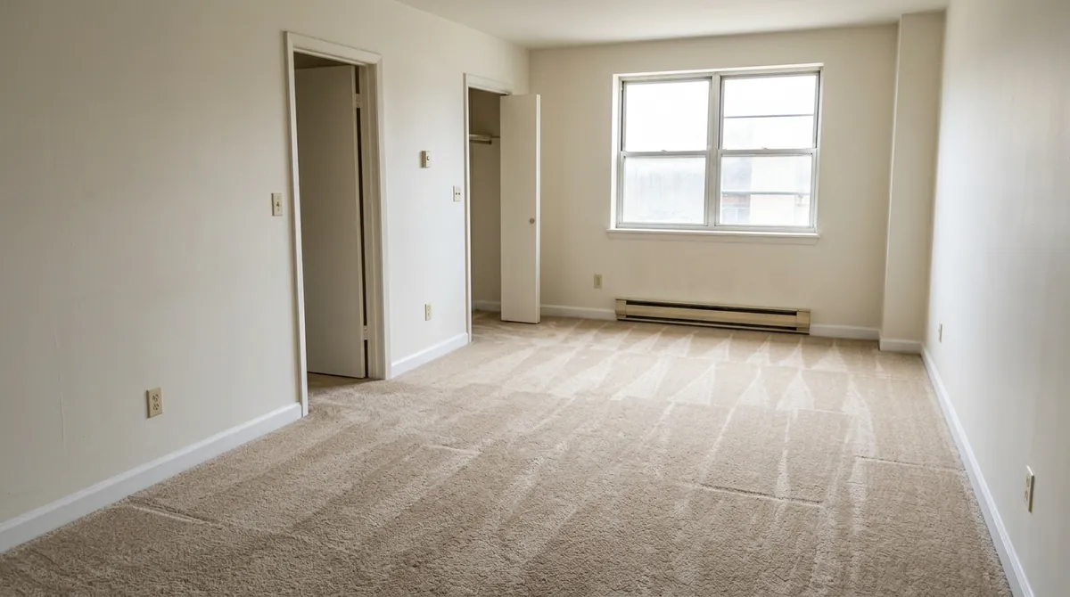 After: Fresh Make-Ready | Music City Cleaner After: The same empty apartment living room, now with clean baseboards, wiped windows and walls and a fresh vacuumed carpet with neat vacuum lines, same angle and same light