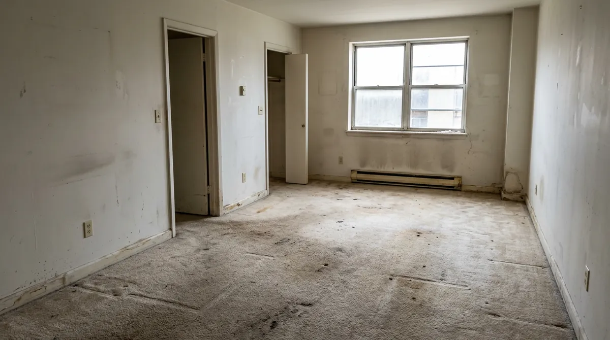 Before: Scuffed Apartment | Music City Cleaner Before: An empty apartment living room with scuffed baseboards, dusty window sills, smudged walls and a dingy stained carpet, no furniture