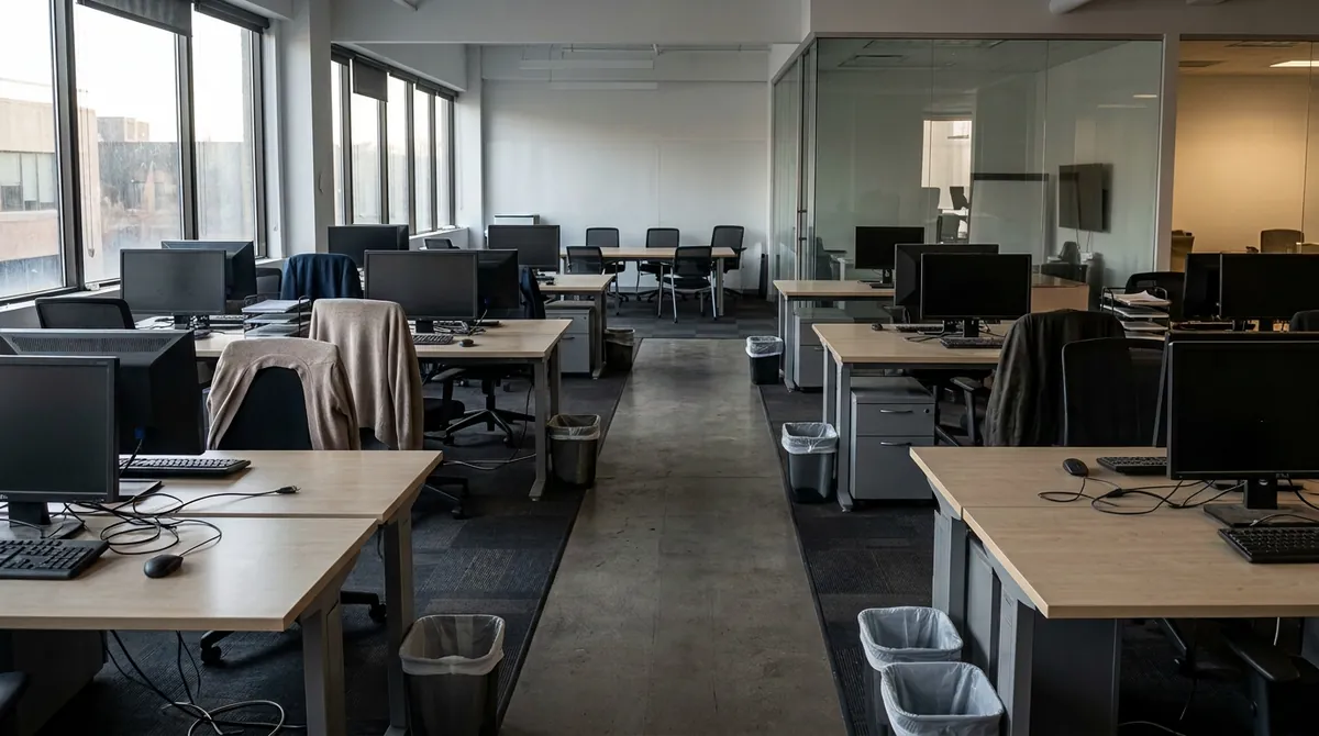 After: Fresh Clean Workspace | Music City Cleaner After: The same office, desks and glass partitions, now spotless with clear glass, wiped desks, empty trash cans and a clean shining floor, same angle and same light