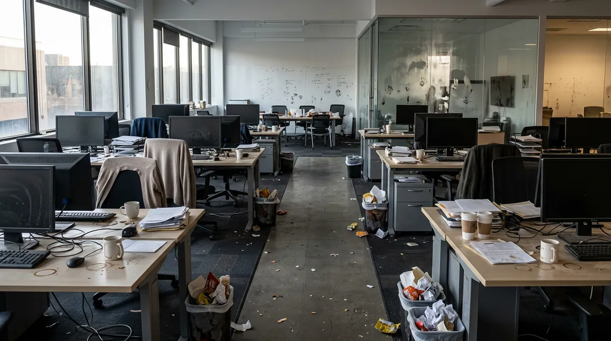 Before: Tired Dusty Office | Music City Cleaner Before: An open office after a long week with overflowing trash cans, dusty desks, coffee rings, smudged glass partitions and a dull dirty floor, empty of people
