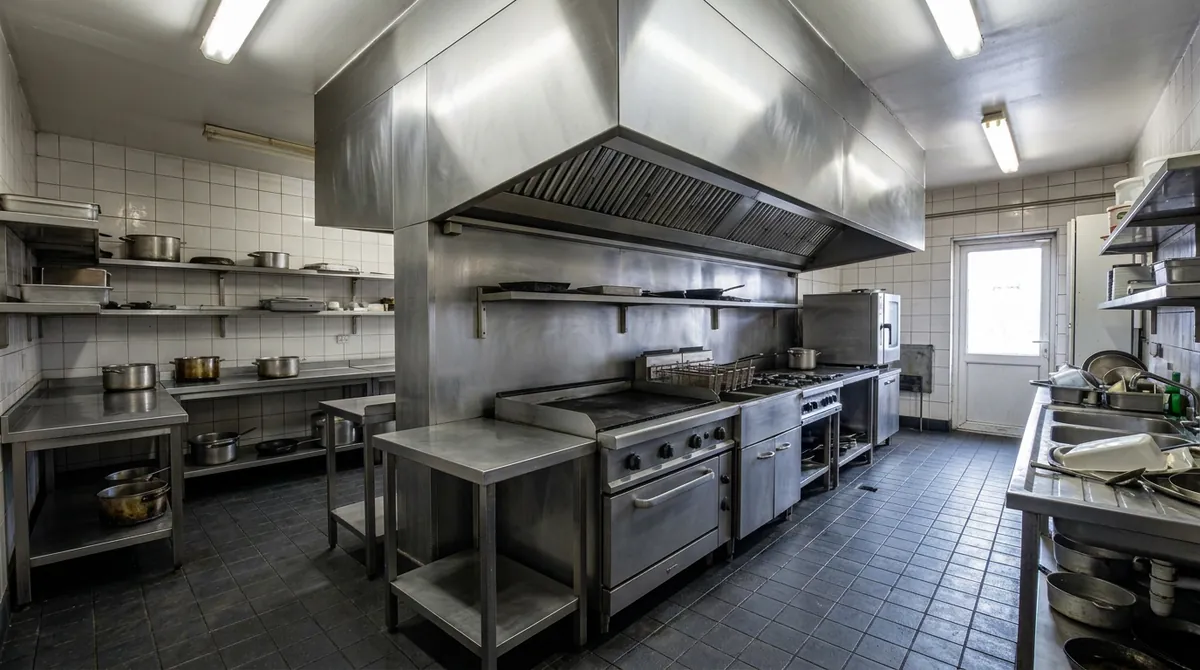 After: Spotless Kitchen | Music City Cleaner After: The same restaurant kitchen, hood, stainless steel and floor tiles, now spotless and shining, same angle and same light