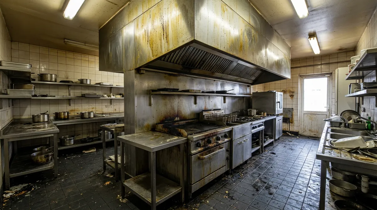 Before: Greasy Restaurant Kitchen | Music City Cleaner Before: A commercial restaurant kitchen with a greasy stained range hood, grimy stainless steel and sticky dark floor tiles, empty of people