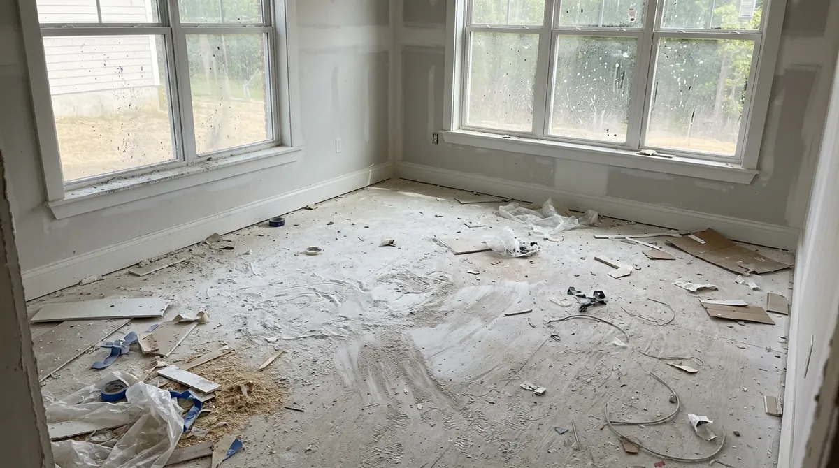 Before: Construction Dust | Music City Cleaner Before: A newly built room covered in construction dust: drywall dust on the floor and window sills, paint splatter on the glass and scattered debris, no furniture