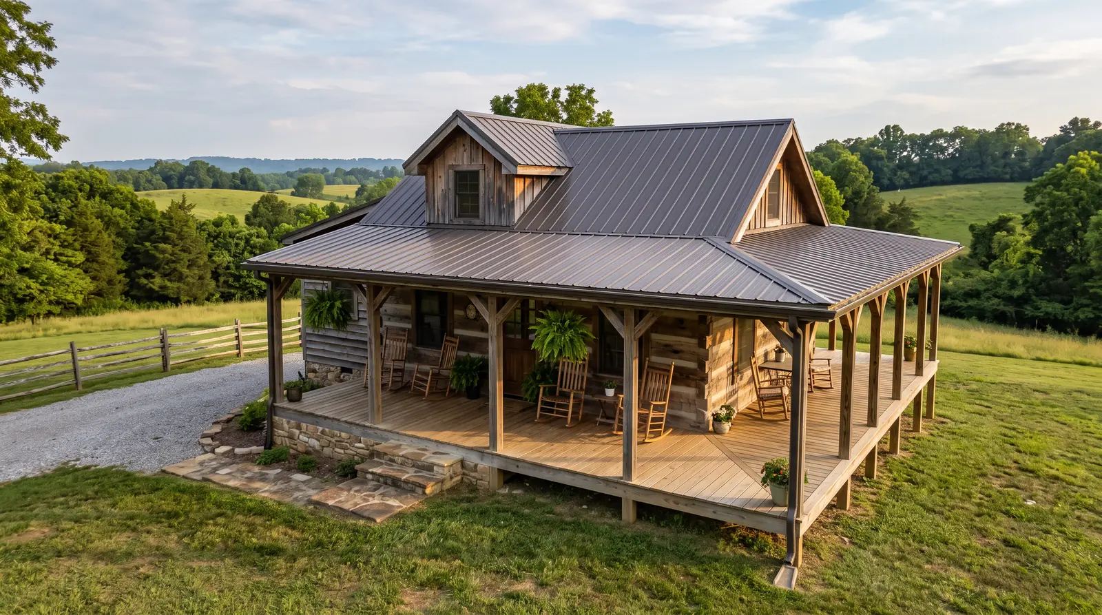 A cozy country cabin rental in rural Middle Tennessee with a wide covered porch, rocking chairs, a swept deck and rolling green hills behind it
