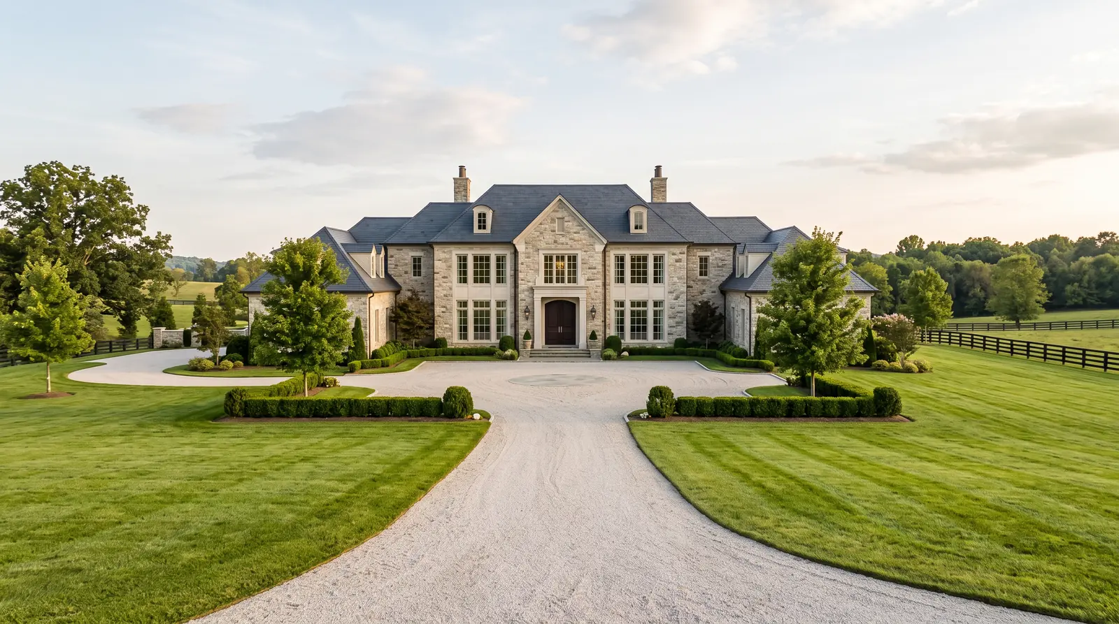 A grand stone estate home in Williamson County with a symmetrical front, tall clean windows, manicured lawn and a long driveway, elegant and spotless