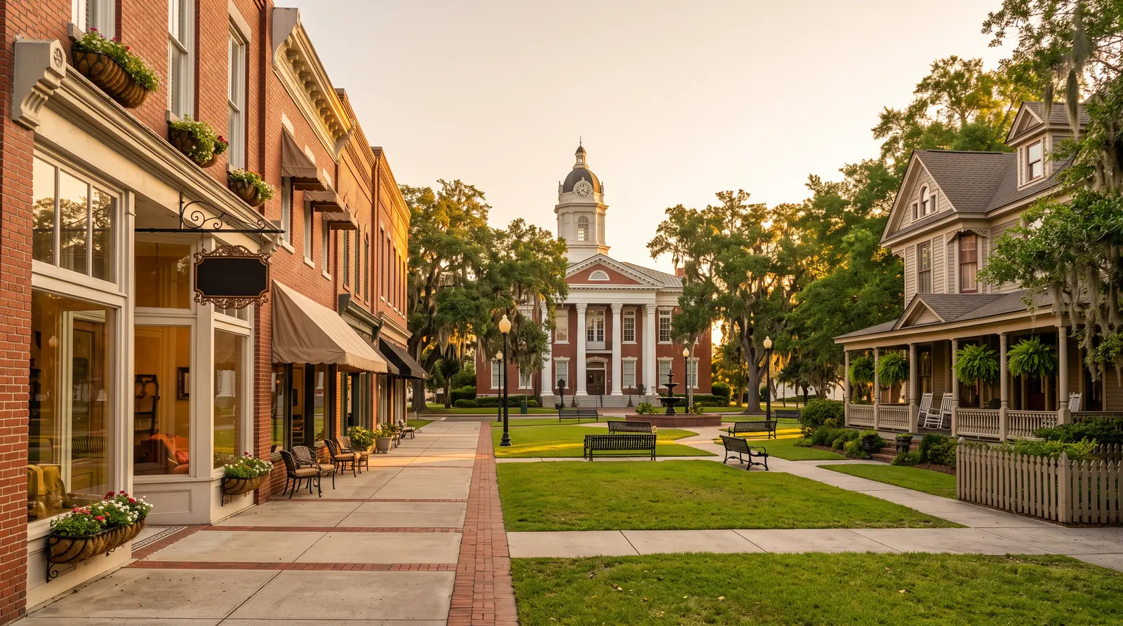 Historic Town Square Storefronts and Homes | Music City Cleaner A historic Southern town square with brick storefronts with clean display windows, a courthouse and a charming bed-and-breakfast style home, golden hour, tidy sidewalks