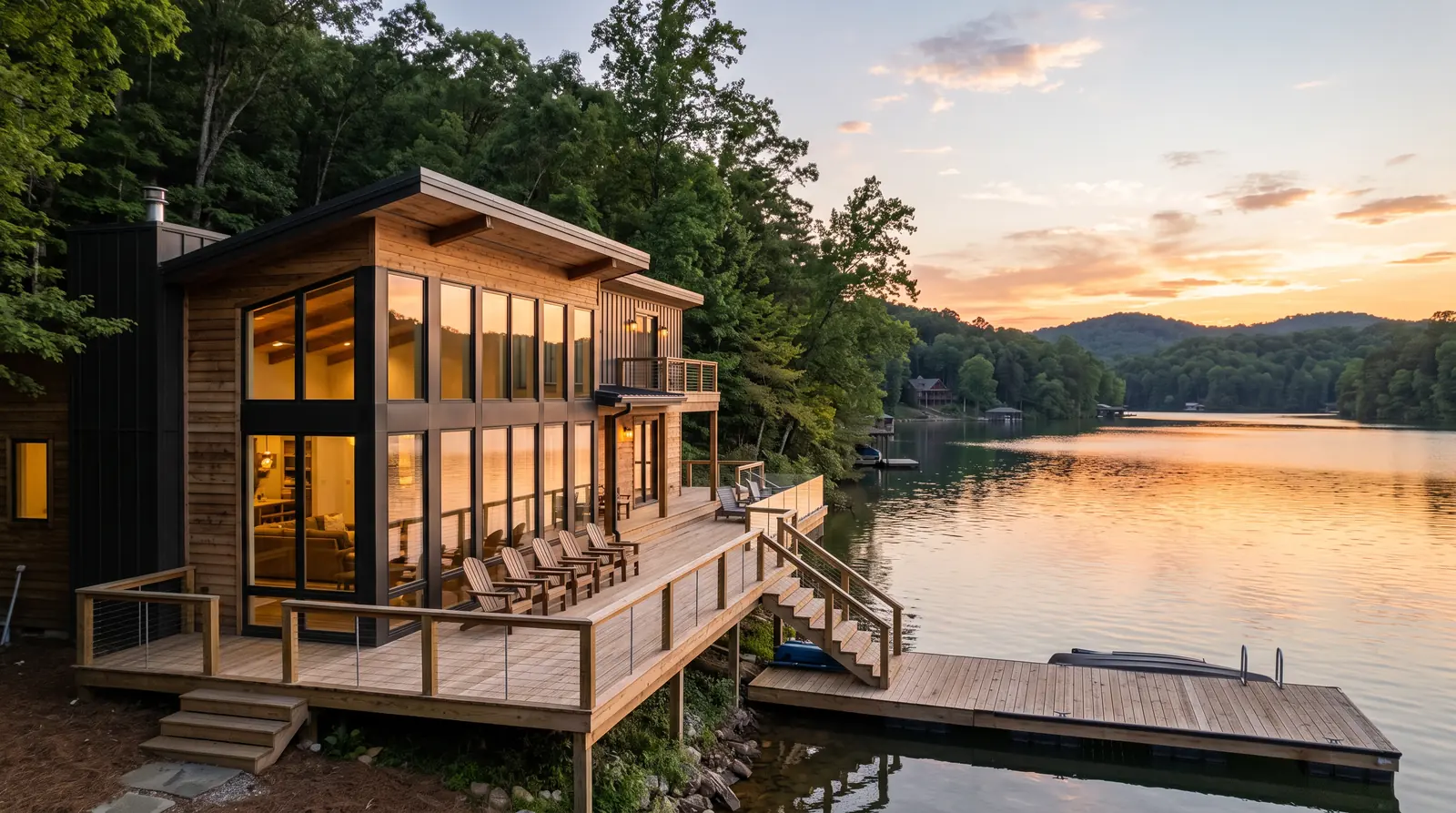 Lake Community Rental Home With a Dock | Music City Cleaner A modern lake-community vacation home on a Tennessee lake with large clean windows, a wooden dock, adirondack chairs on a swept deck and calm water at sunset