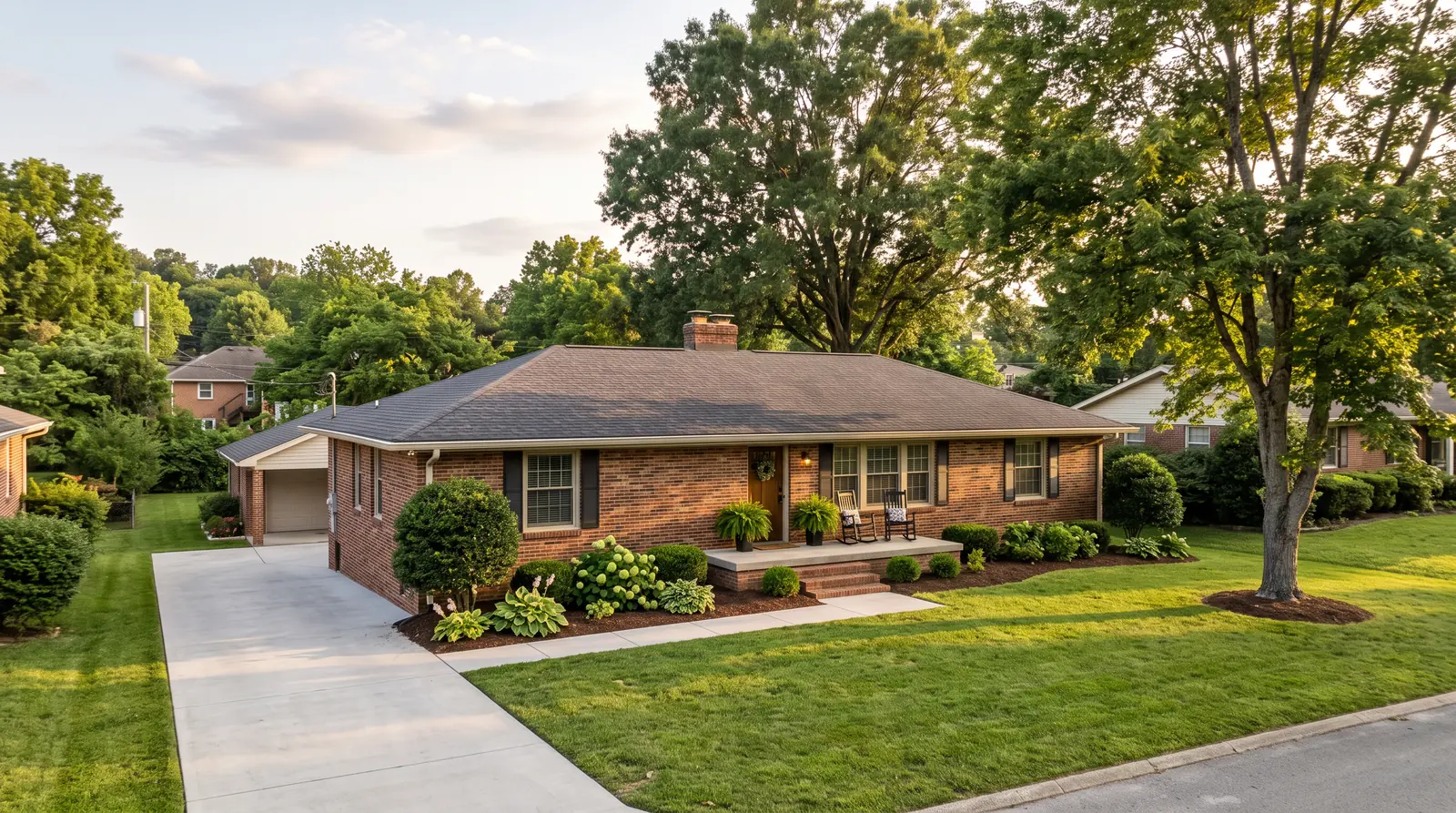 Established Suburban Neighborhood Home | Music City Cleaner A brick ranch home in an established Middle Tennessee suburb with neat landscaping, a clean driveway and a tidy front porch, soft afternoon light