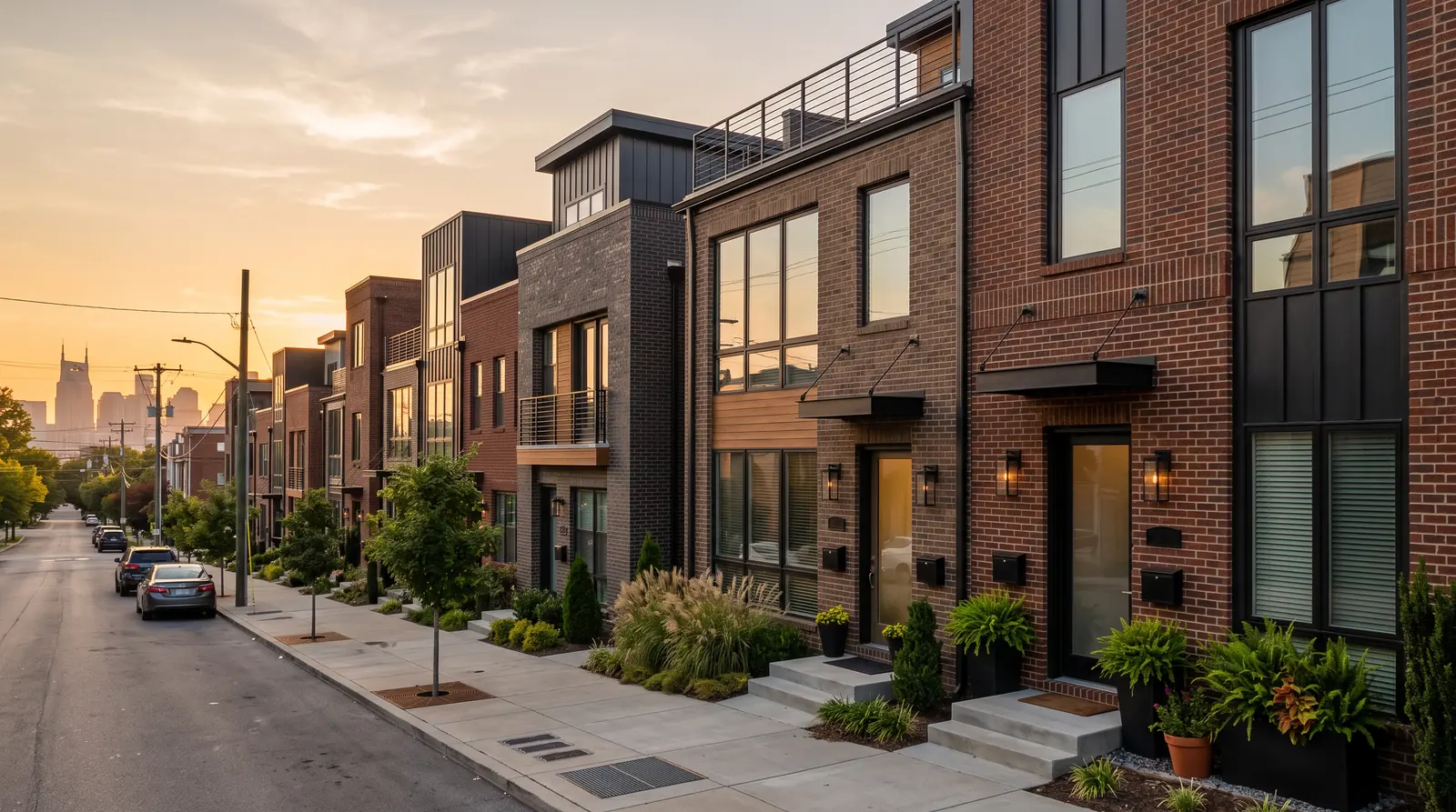 A row of modern brick townhomes and condos in an urban Nashville-style neighborhood at golden hour, tidy entries with planters and clean glass doors, a city skyline in the distance
