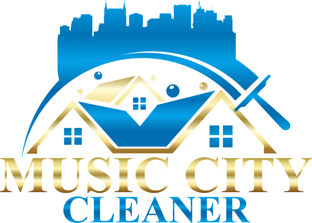 Music City Cleaner, Nashville TN Music City Cleaner logo with the Nashville skyline above gold roof peaks and a blue squeegee swoosh over the gold words Music City and the blue word Cleaner