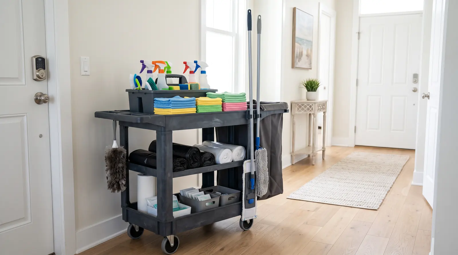Professional Cleaning Cart Stocked and Ready | Music City Cleaner A professional cleaning cart neatly stocked with color-coded microfiber cloths, spray bottles, a mop, a caddy of supplies and folded trash bags in a bright clean hallway of a vacation rental, no one present