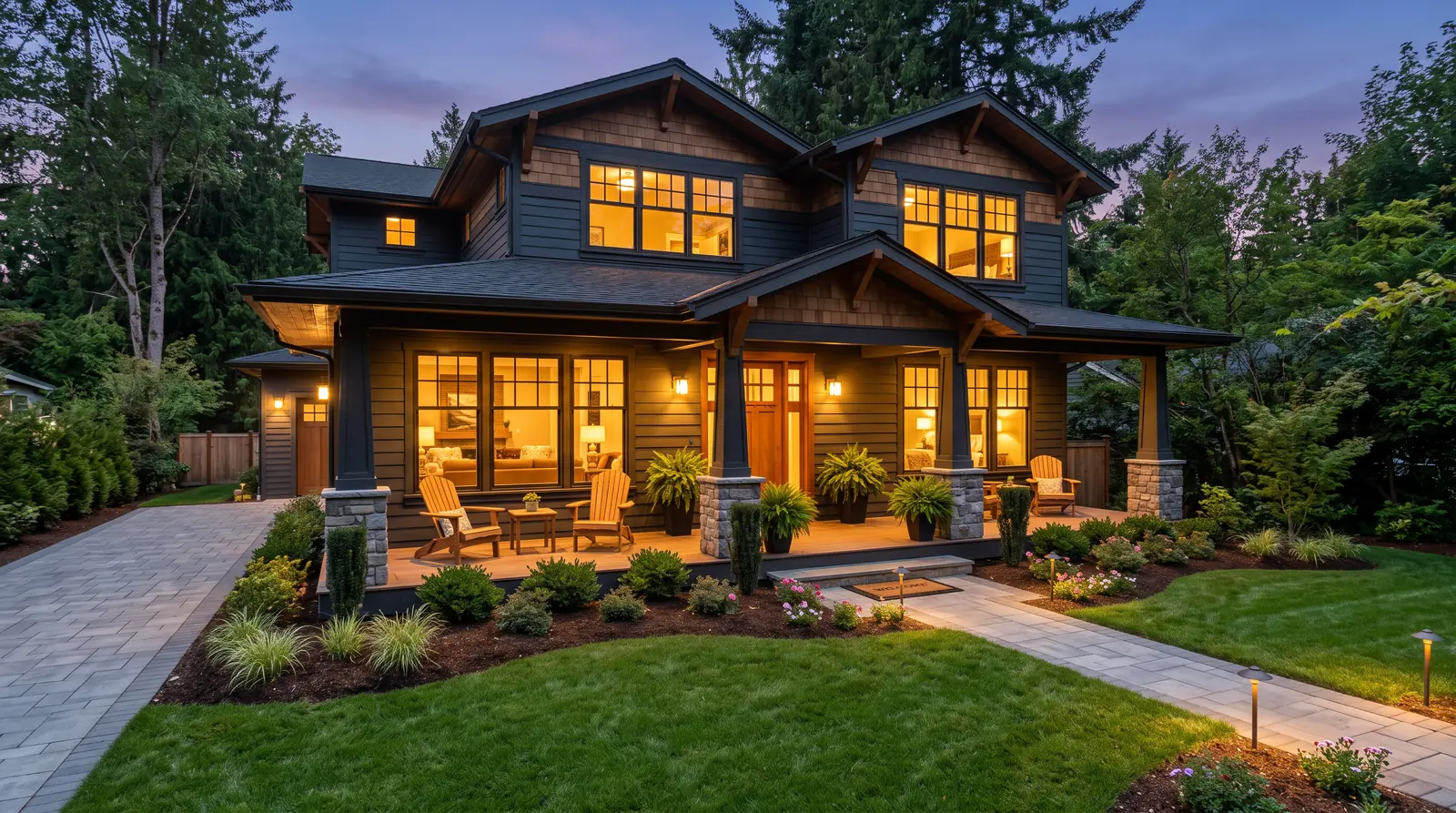 Vacation Rental Home at Dusk With Glowing Windows | Music City Cleaner A handsome vacation rental home at dusk with warm light glowing through spotless windows, a swept front porch, tidy landscaping and a clean driveway