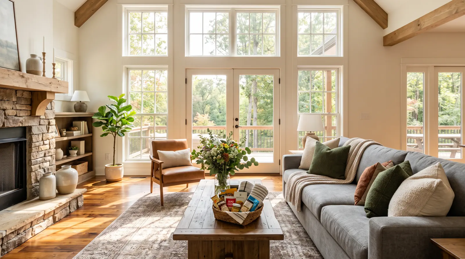 Spotless Airbnb Living Room Ready for Guests | Music City Cleaner A breathtaking spotless short-term rental living room in a Tennessee home, plump pillows on a gray sofa, fresh flowers and a welcome basket on a coffee table, gleaming hardwood floors, tall windows with sunlight streaming in, everything perfectly staged