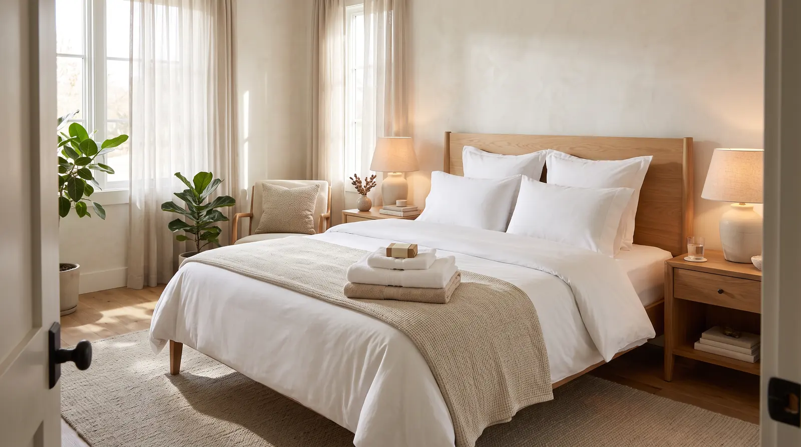 Fresh Linens and Towels on a Turnover-Ready Bed | Music City Cleaner A serene guest bedroom with a perfectly made bed with crisp white hotel-style linens and plump pillows, folded towels with a small soap bar at the foot of the bed, soft morning light, nightstand lamps glowing