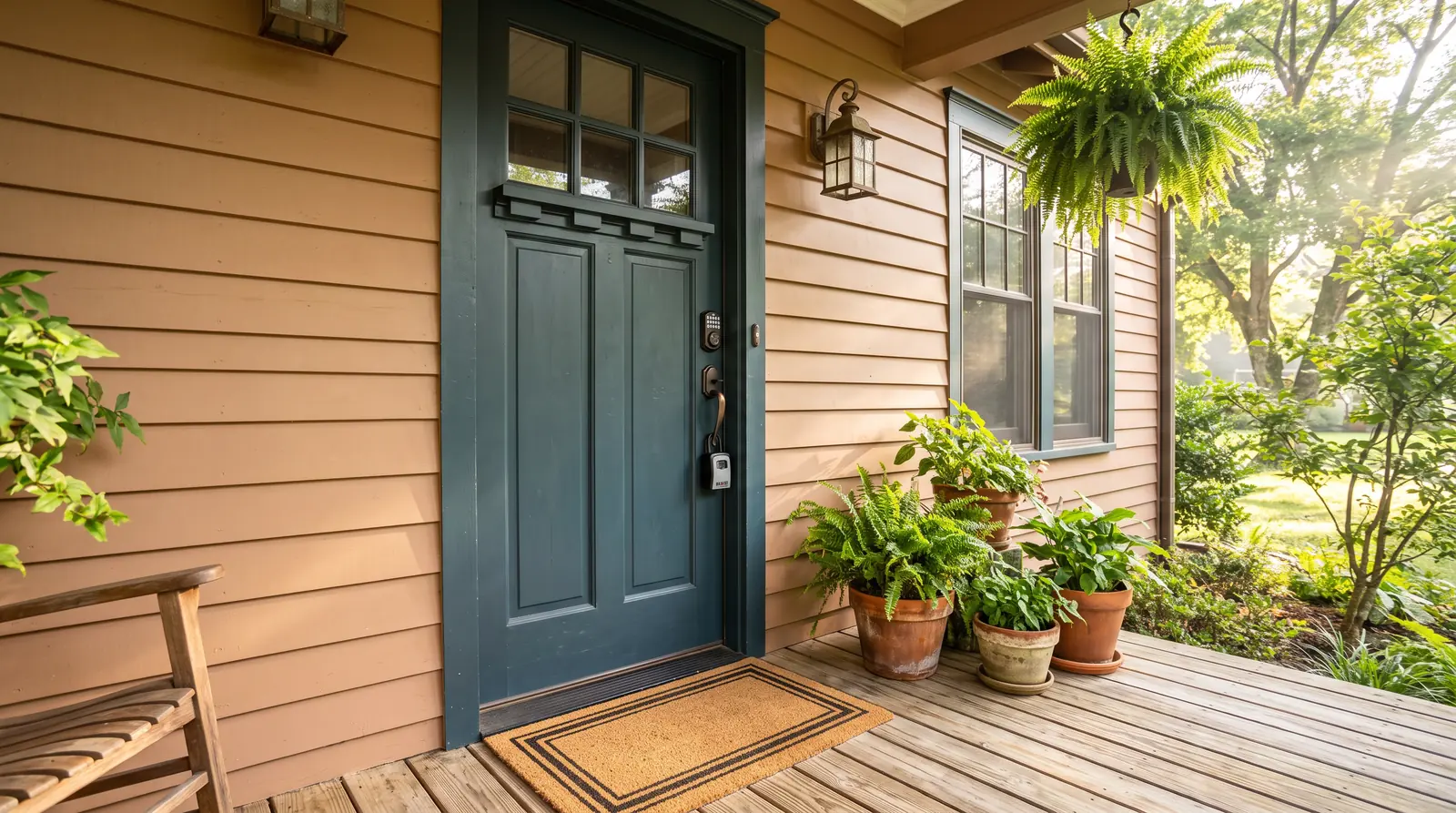 Welcoming Front Door of a Rental Home | Music City Cleaner A charming front door of a Tennessee rental home with a smart lock and a lockbox on the handle, a clean doormat, potted plants and a swept porch, warm morning light