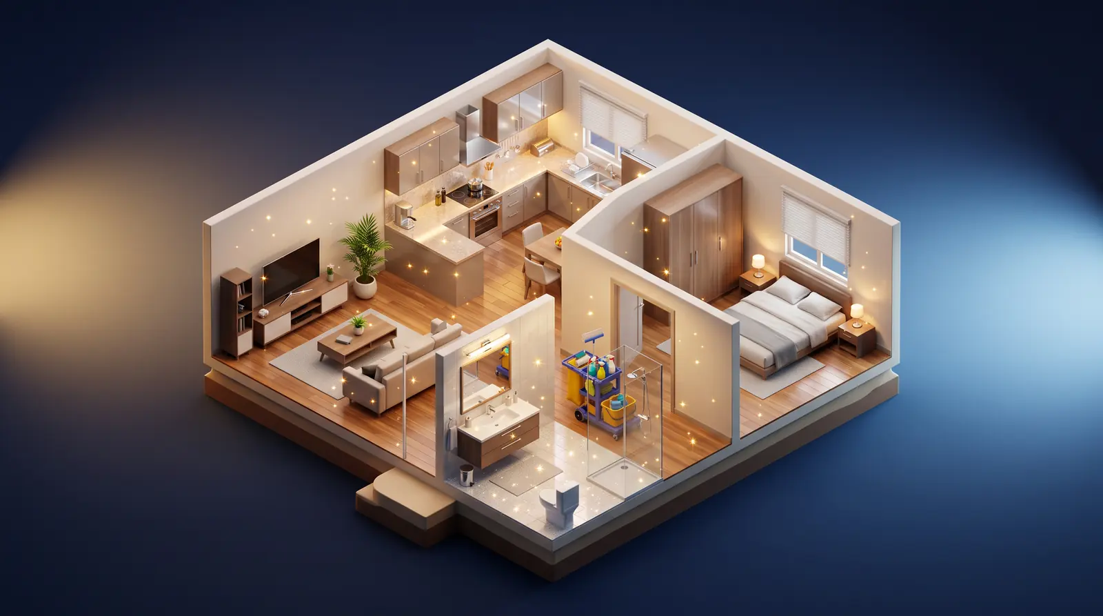 Cutaway of a Home With Every Room Freshly Cleaned | Music City Cleaner A detailed 3D isometric cutaway of a small modern house showing a living room, kitchen, bedroom and bathroom, each room glowing with tiny golden sparkles on spotless surfaces and a cleaning cart in the hallway