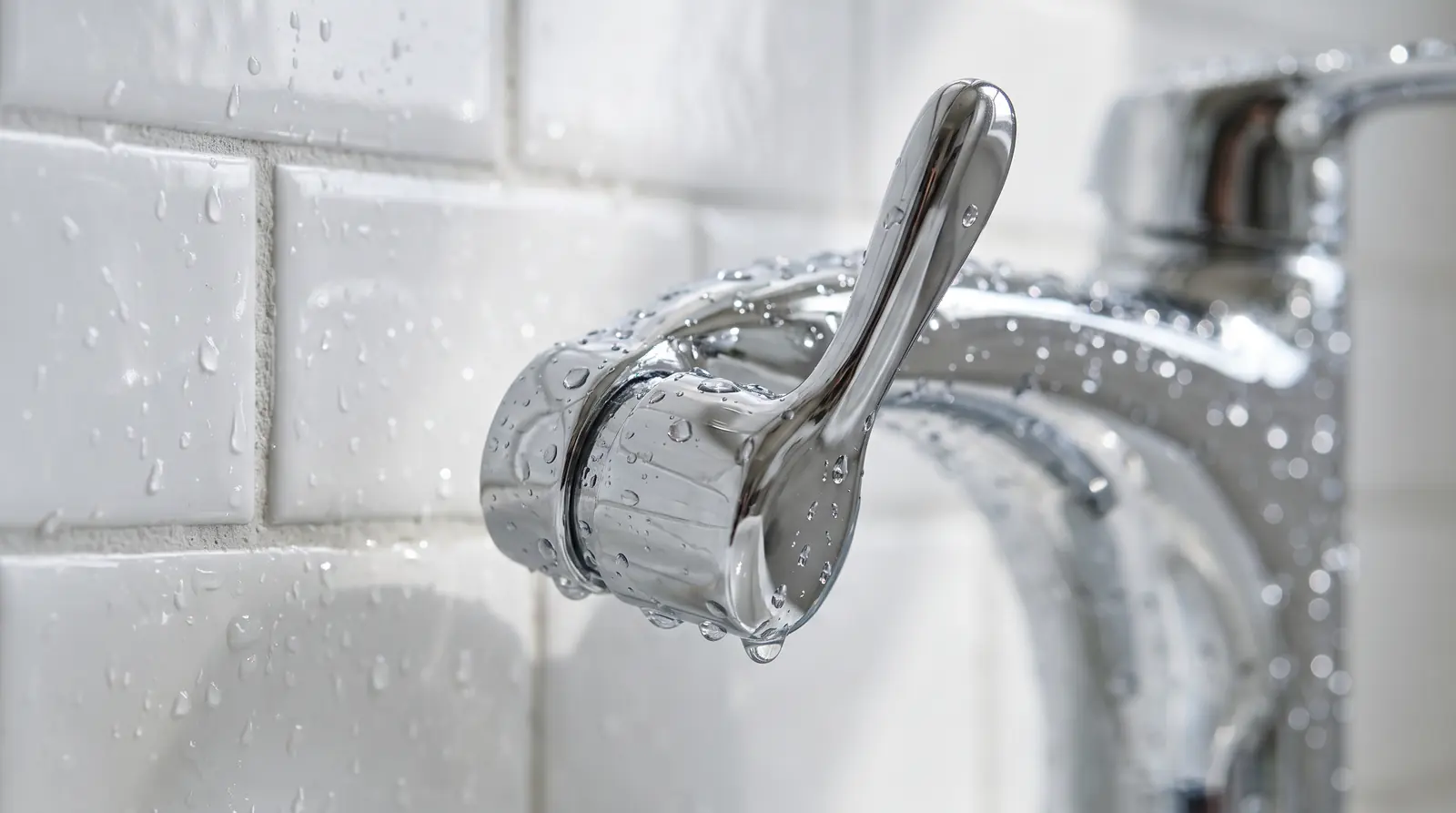 Sparkling Clean Faucet and Tile Close-Up | Music City Cleaner A macro close-up of a gleaming chrome faucet and sparkling white subway tile with water droplets catching the light, crisp and spotless, shallow depth of field