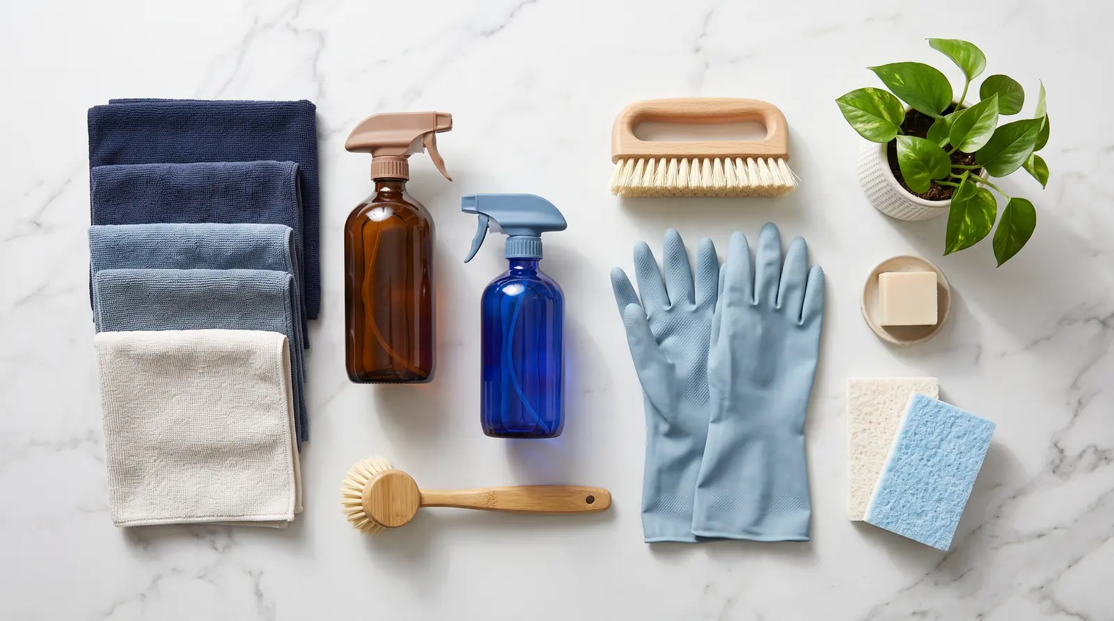 Cleaning Supplies Laid Out on a Counter | Music City Cleaner A neat top-down flat-lay on a white marble counter of professional cleaning supplies: color-coded microfiber cloths, glass spray bottles, a scrub brush, rubber gloves, sponges and a small plant, calm blue and white palette