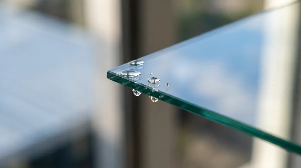 Streak-Free Glass | Music City Cleaner A macro shot of perfectly clean glass with a few fresh water droplets on the edge and a soft blue sky reflection, shallow depth of field