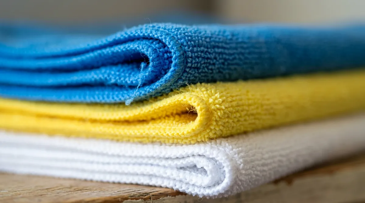 Color-Coded Microfiber Cloths | Music City Cleaner A macro close-up of neatly folded blue, yellow and white microfiber cloths in a stack, soft light, shallow depth of field