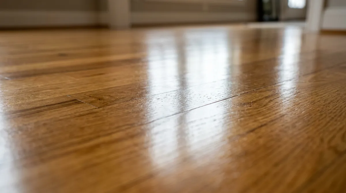 Polished Hardwood Floor | Music City Cleaner A macro low-angle shot of a freshly polished hardwood floor with a glossy reflection of window light, shallow depth of field