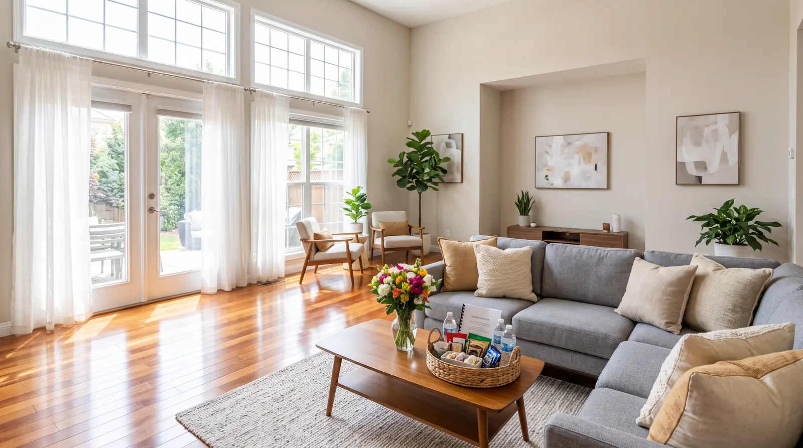 Airbnb Cleaning | Music City Cleaner A bright spotless Airbnb living room with plump pillows arranged on a gray sofa, fresh flowers and a welcome basket on the coffee table, gleaming hardwood floors and sunlight streaming in