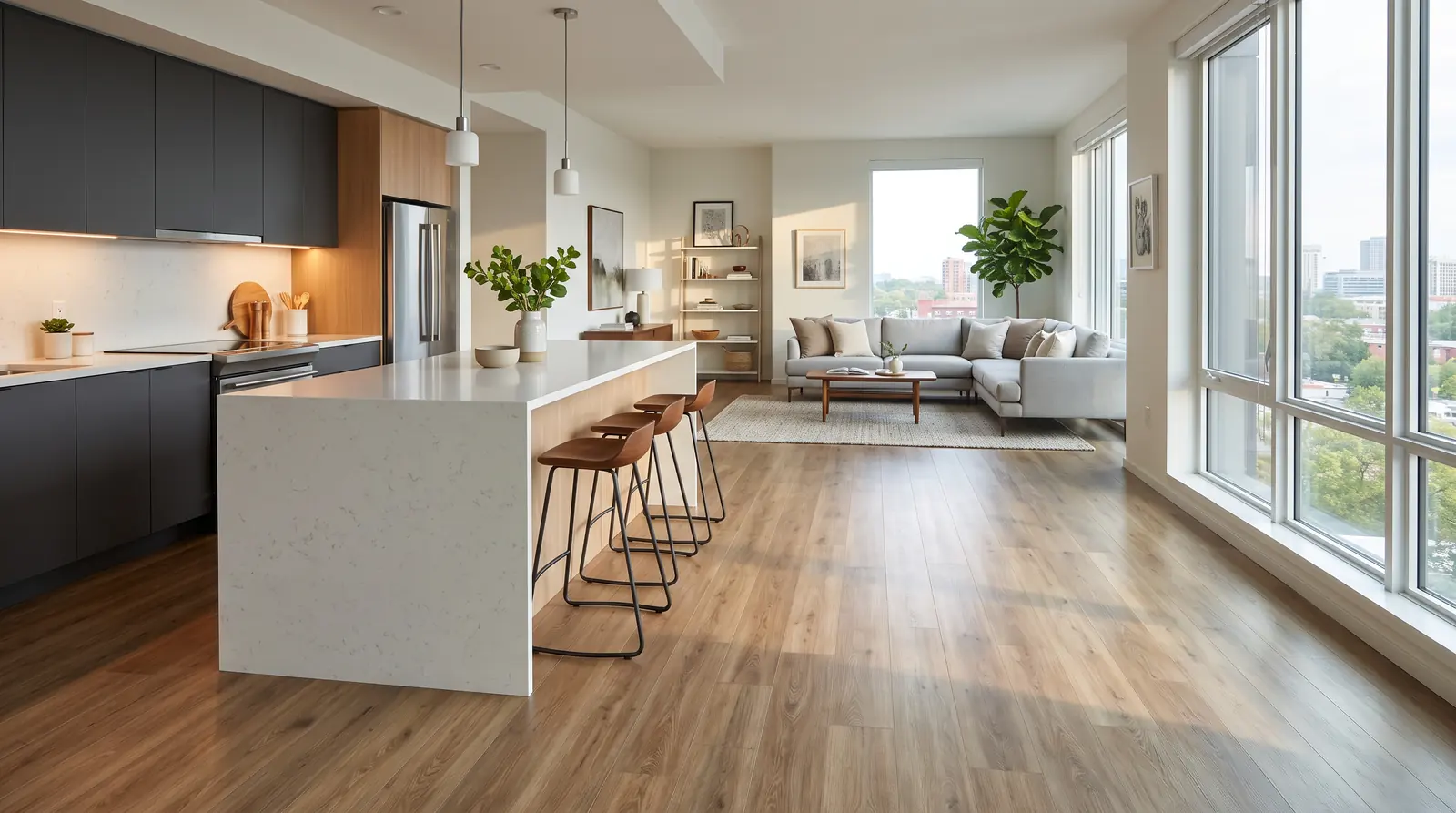 Apartment Turnover Cleaning | Music City Cleaner A clean modern apartment unit with open living space, gleaming vinyl plank flooring, a clean kitchen island with bar stools and large windows