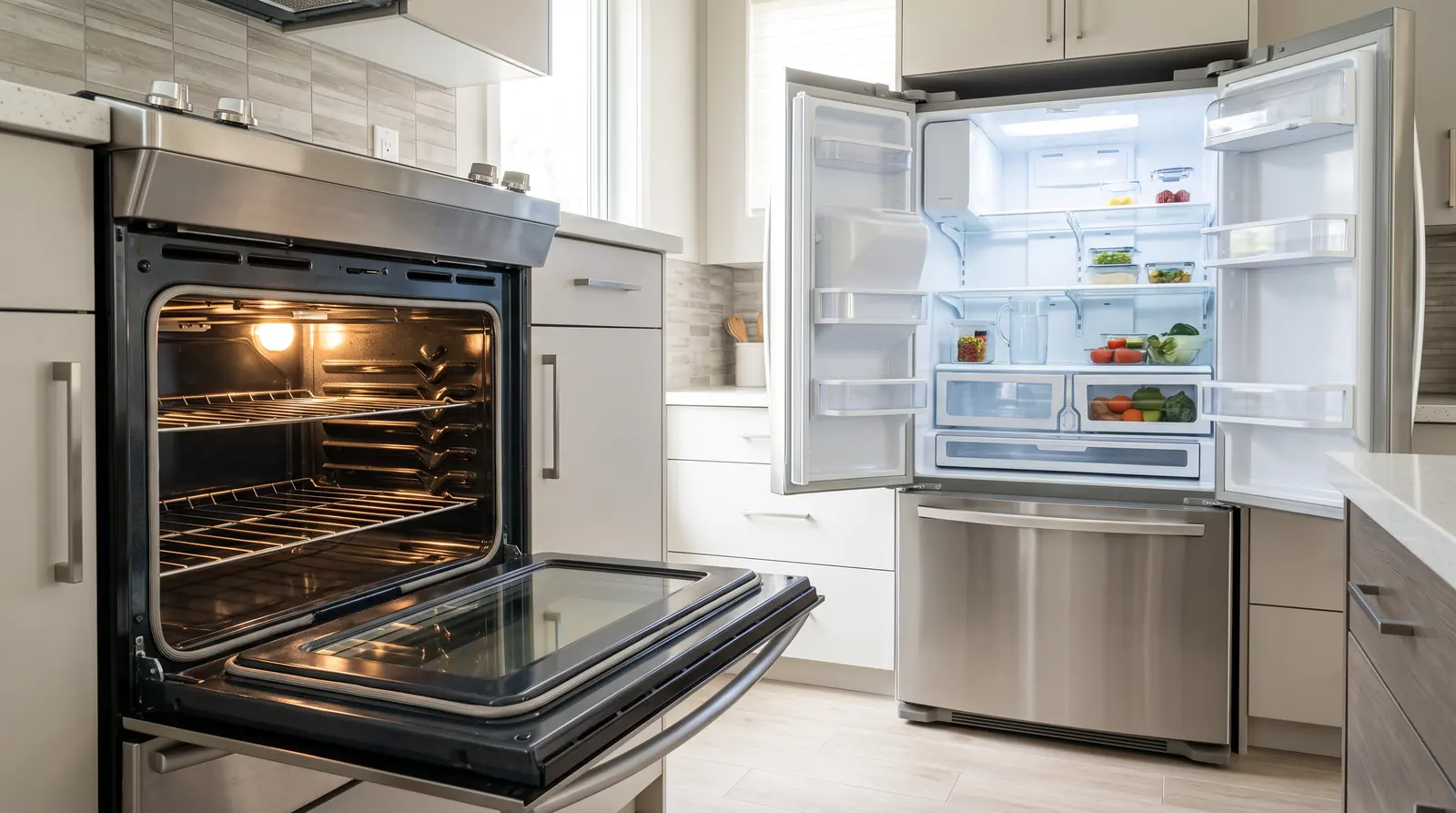 Appliance, Oven and Fridge Cleaning | Music City Cleaner A spotless open oven and a clean refrigerator interior with neatly arranged shelves, bright light