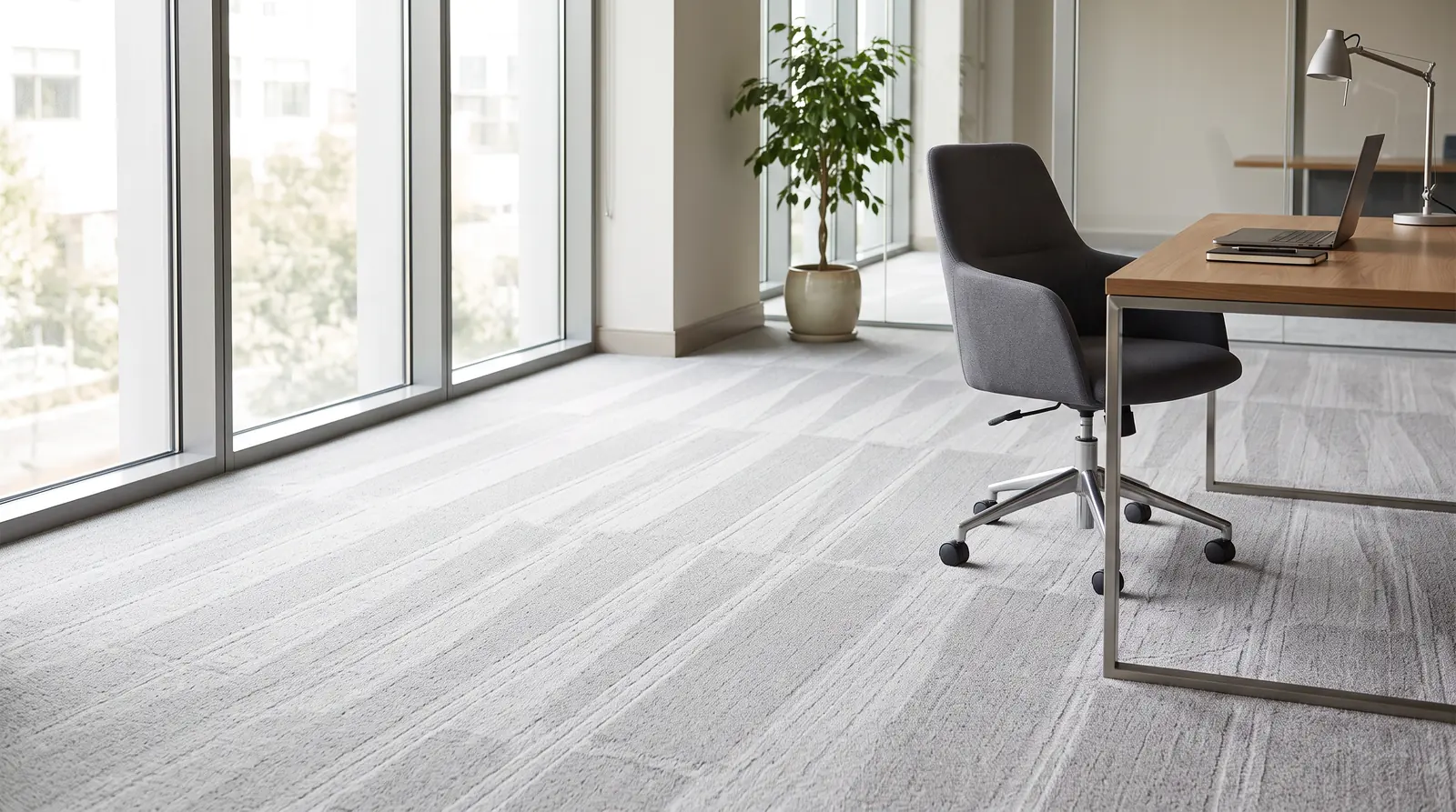 A freshly cleaned light gray carpet with neat vacuum stripes in a bright office with a clean upholstered chair, soft daylight