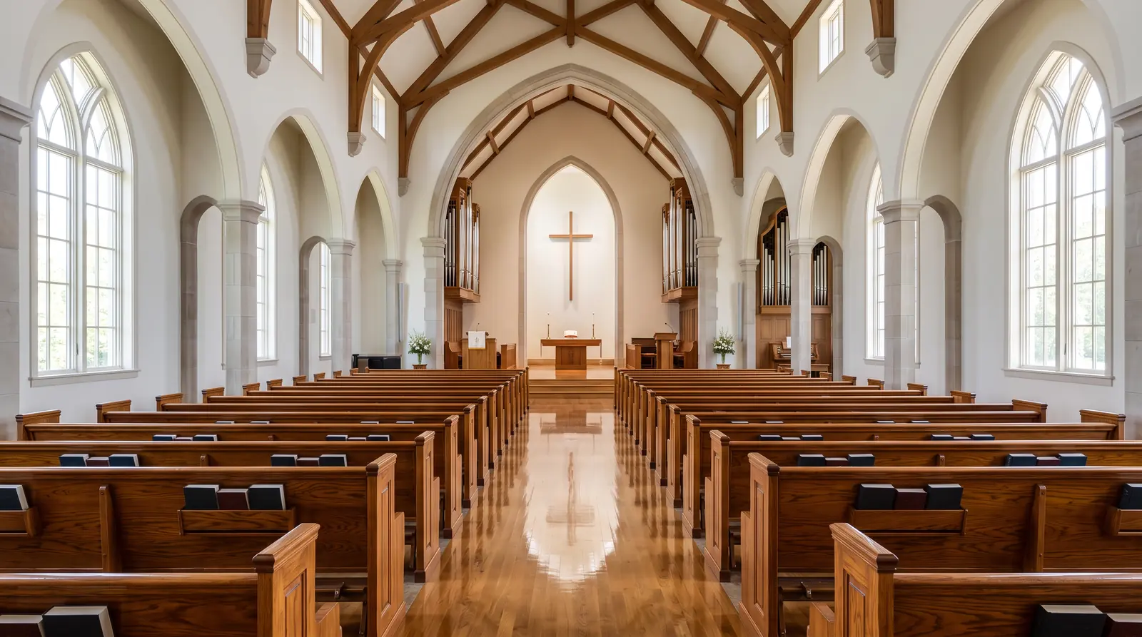 A bright clean church sanctuary with polished wood pews, a shining floor and soft light through tall windows