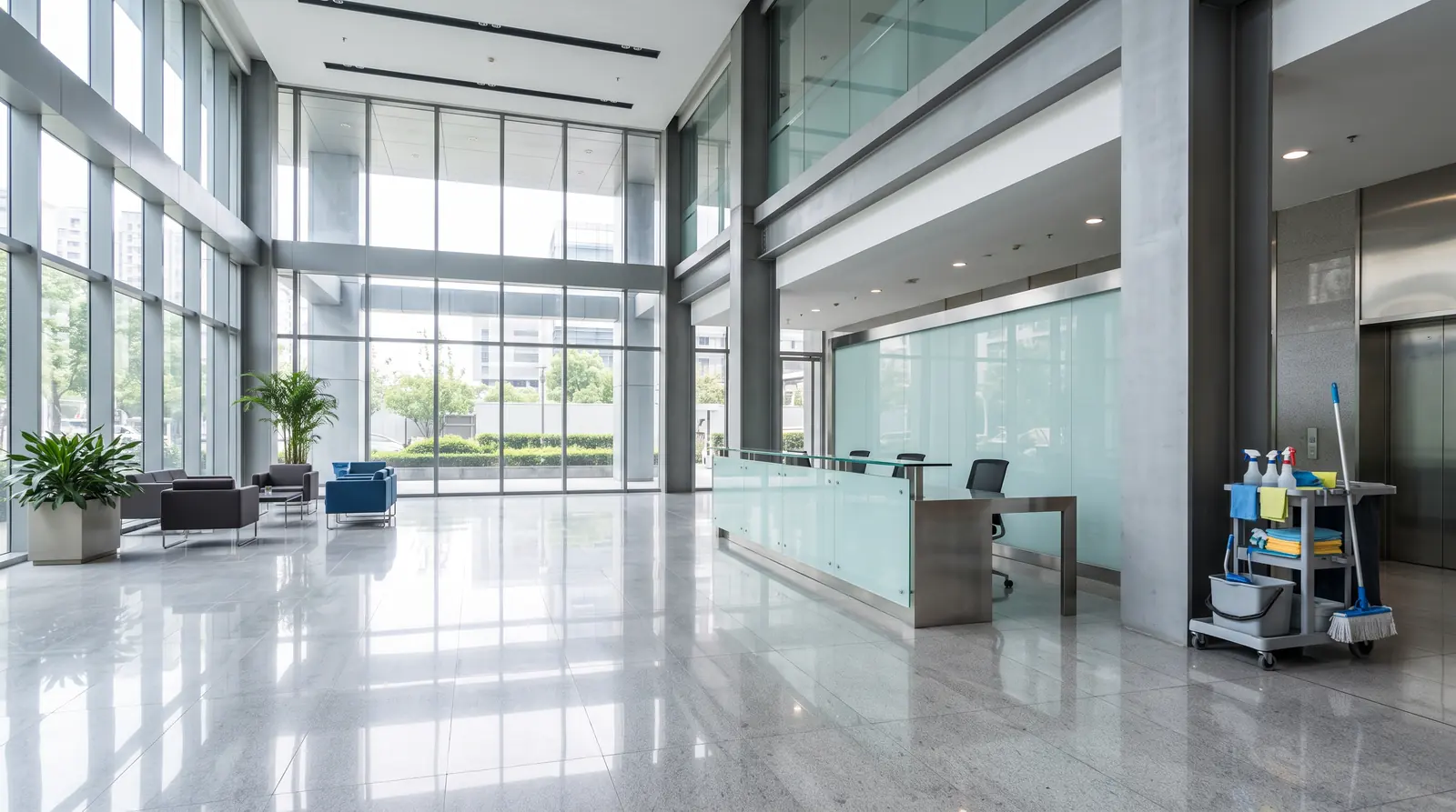 Commercial Cleaning | Music City Cleaner A spotless modern commercial lobby with polished stone floors, a glass reception desk, large windows and a cleaning cart parked neatly to the side