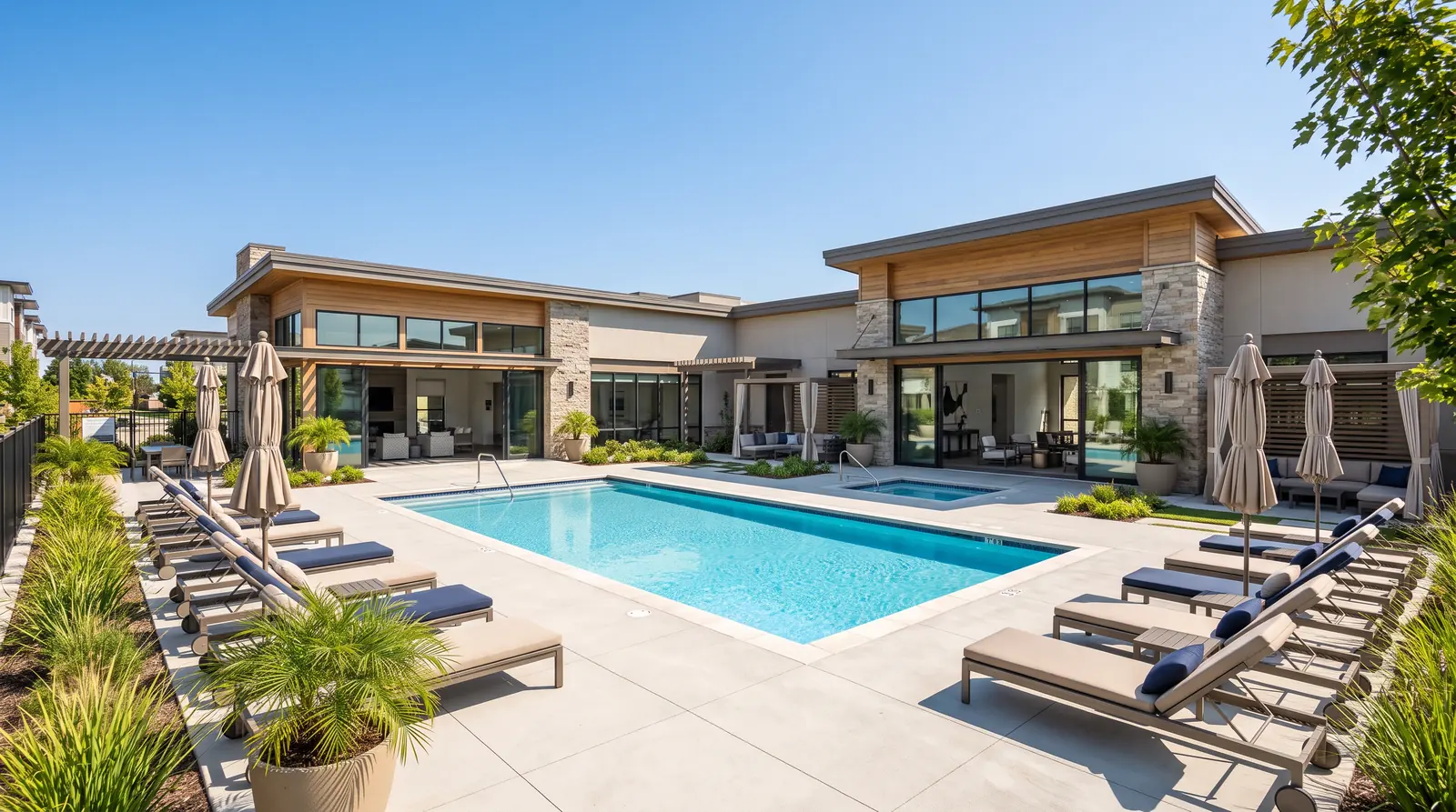 A clean apartment community clubhouse and pool area with tidy lounge chairs, a swept patio and a bright blue sky