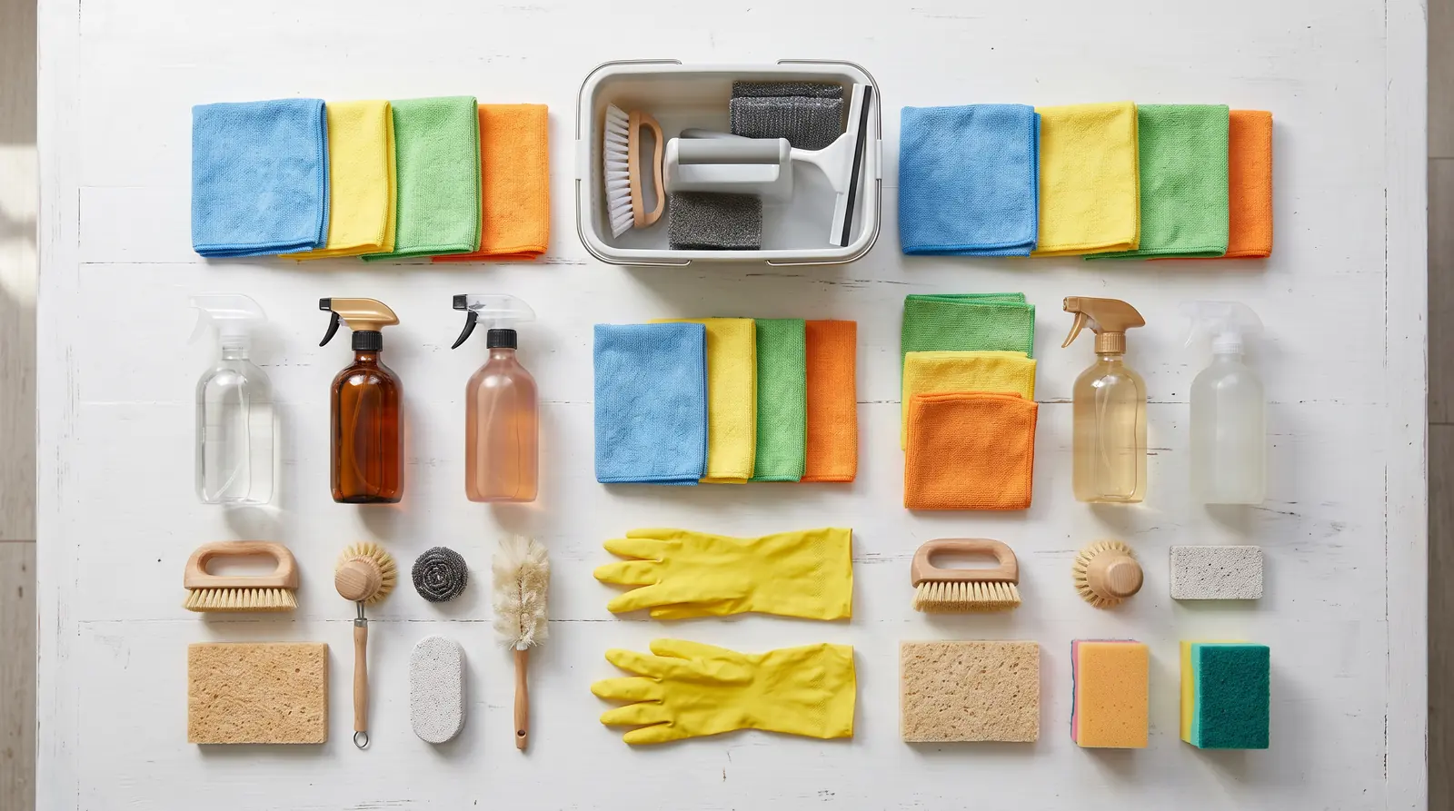 Custom Cleaning Plans | Music City Cleaner A neat top-down flat-lay on a white table of a cleaning caddy, stacks of color-coded microfiber cloths, spray bottles and rubber gloves arranged in an orderly grid