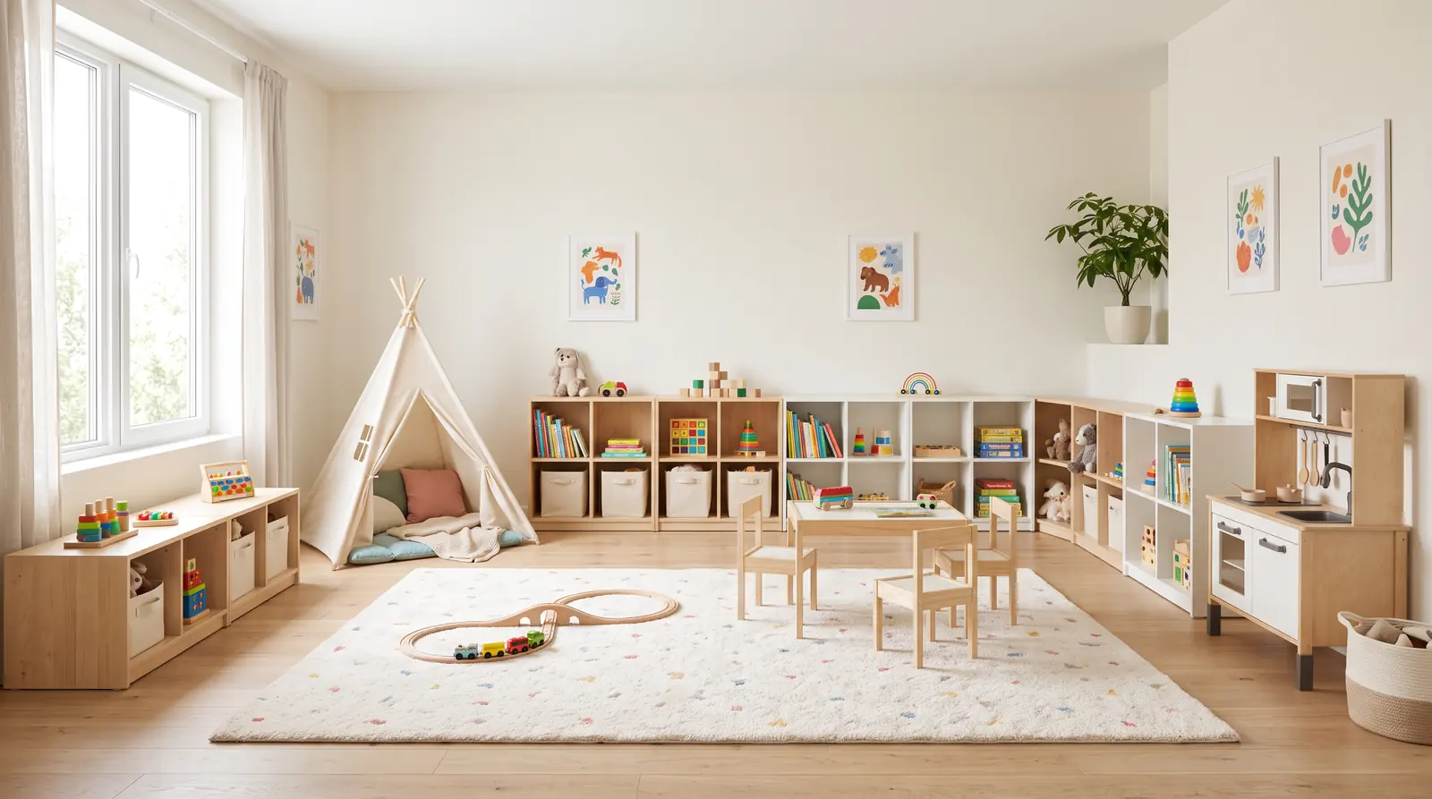 A clean bright children’s playroom with colorful toys neatly arranged, a soft clean rug and low shelves, no children present
